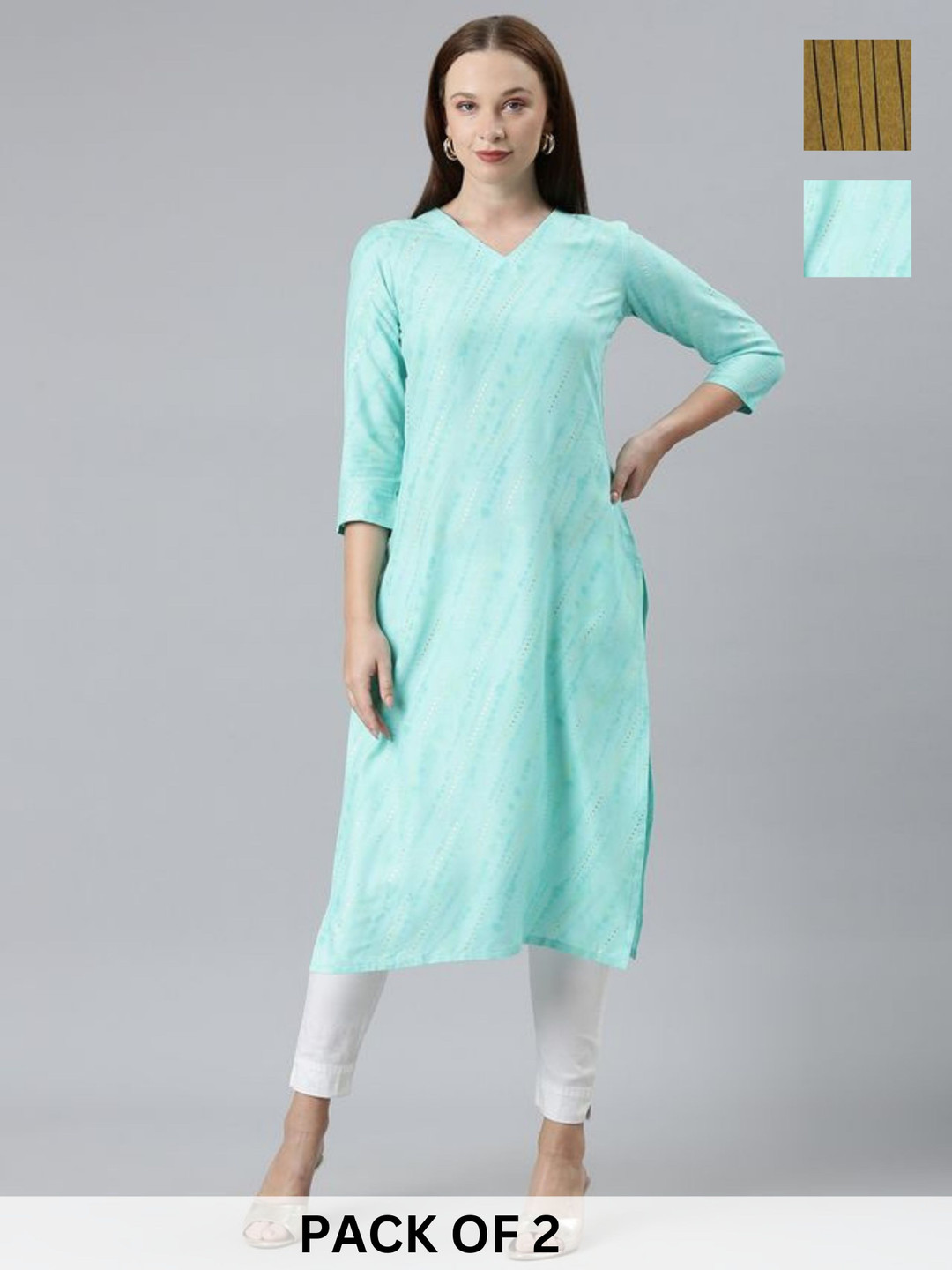 KALINI Selection Of 2 Striped Round Neck Machine Weave Straight Kurta