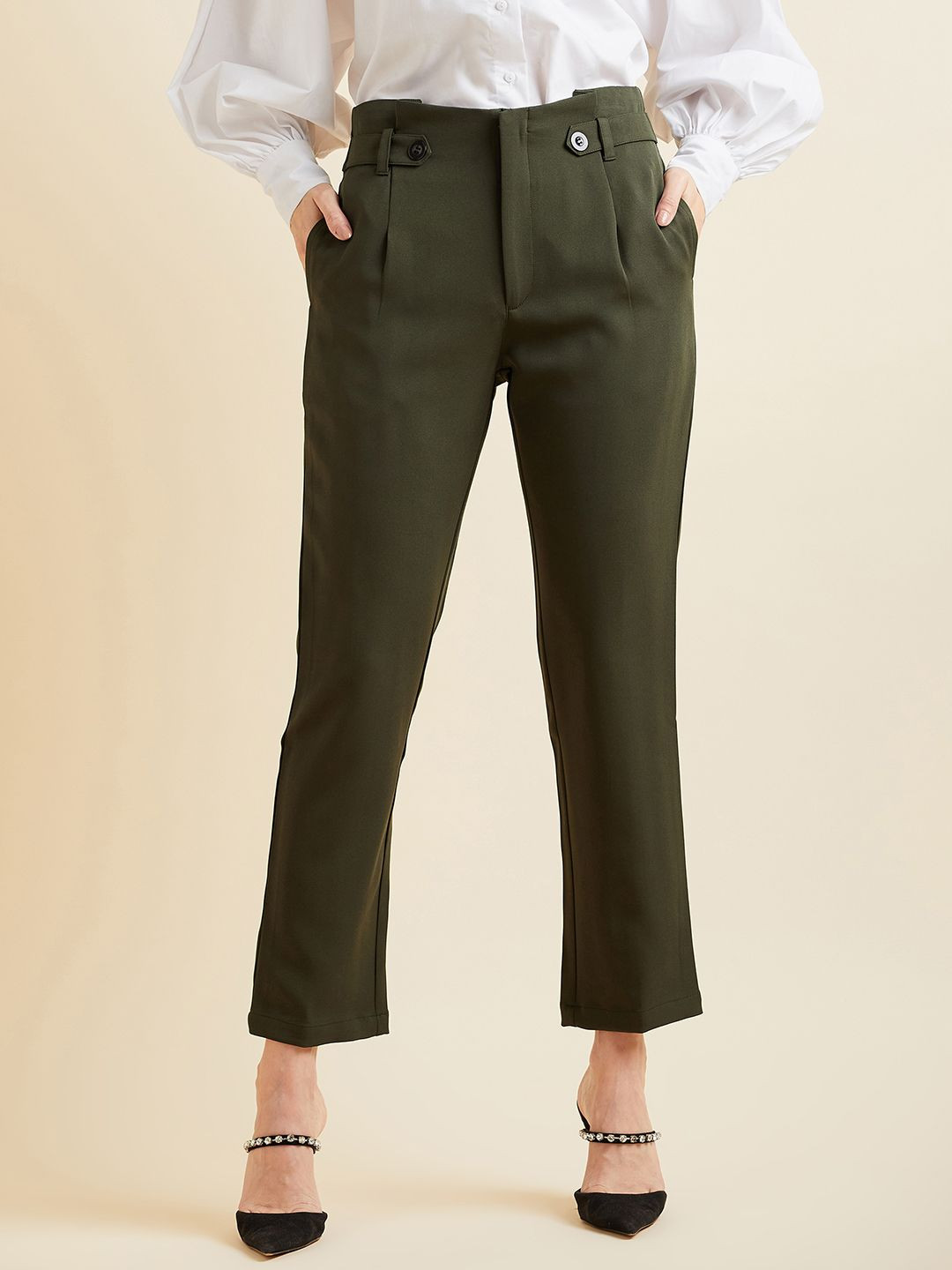 PANIT Women Smart Straight Fit High-Rise Pleated Formal Trousers