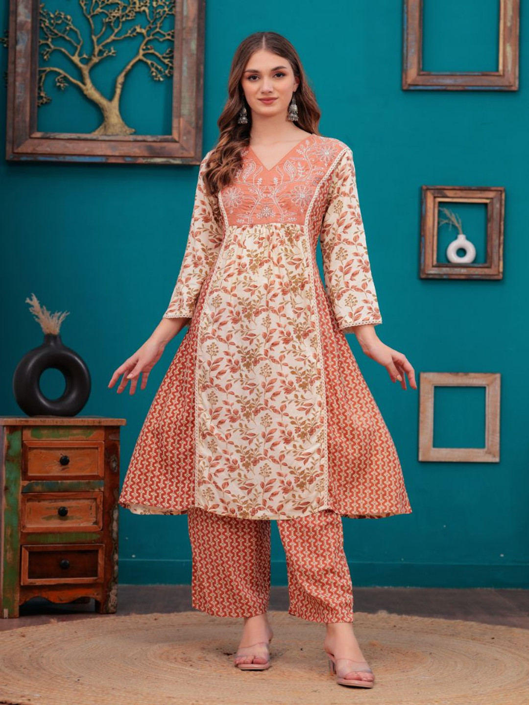 BKApparels Floral Printed V-Neck A-Line Kurta With Trouser