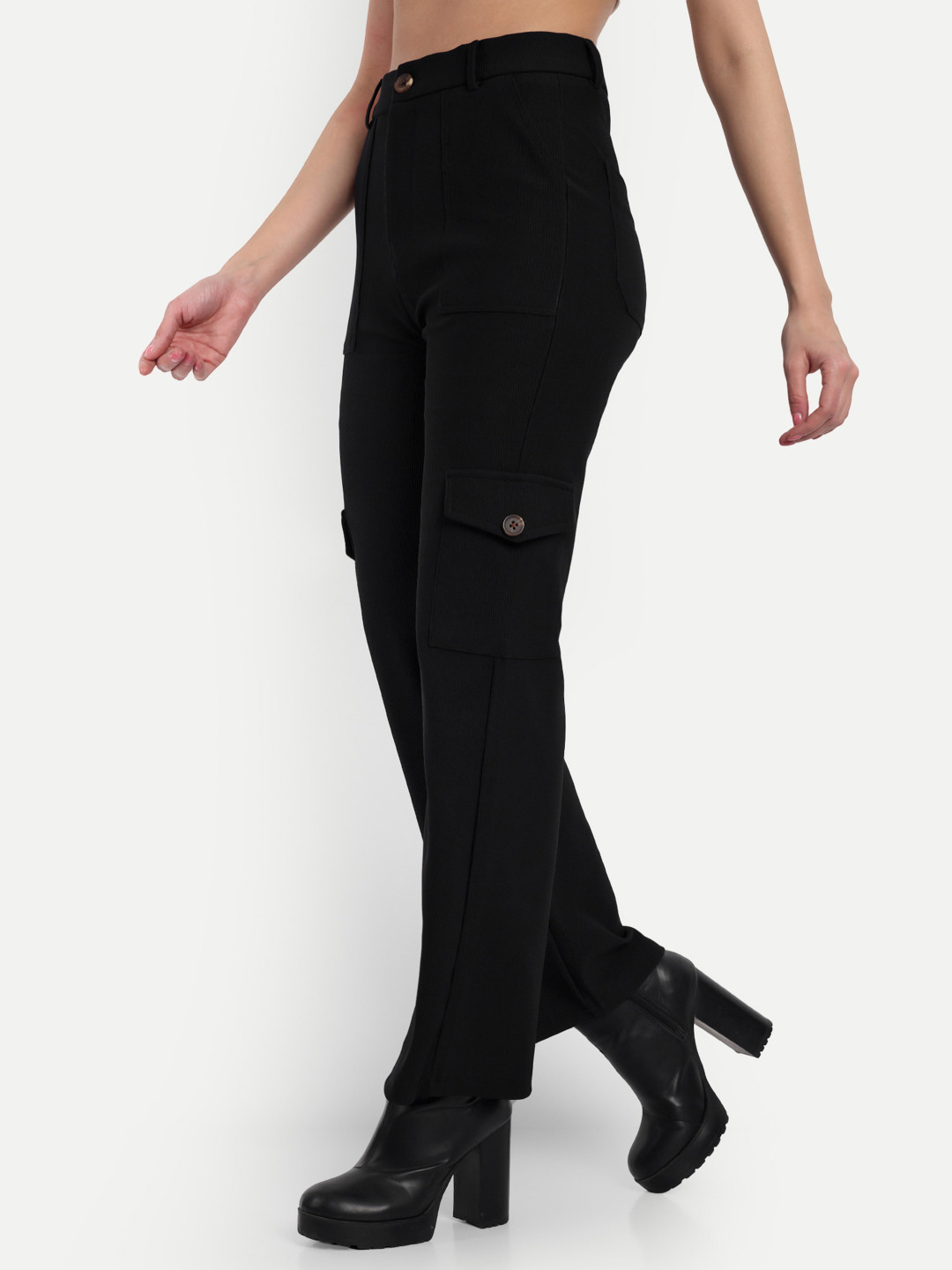 BROADSTAR Women Smart Straight Fit High-Rise Easy Wash Corduroy Cargos Trousers