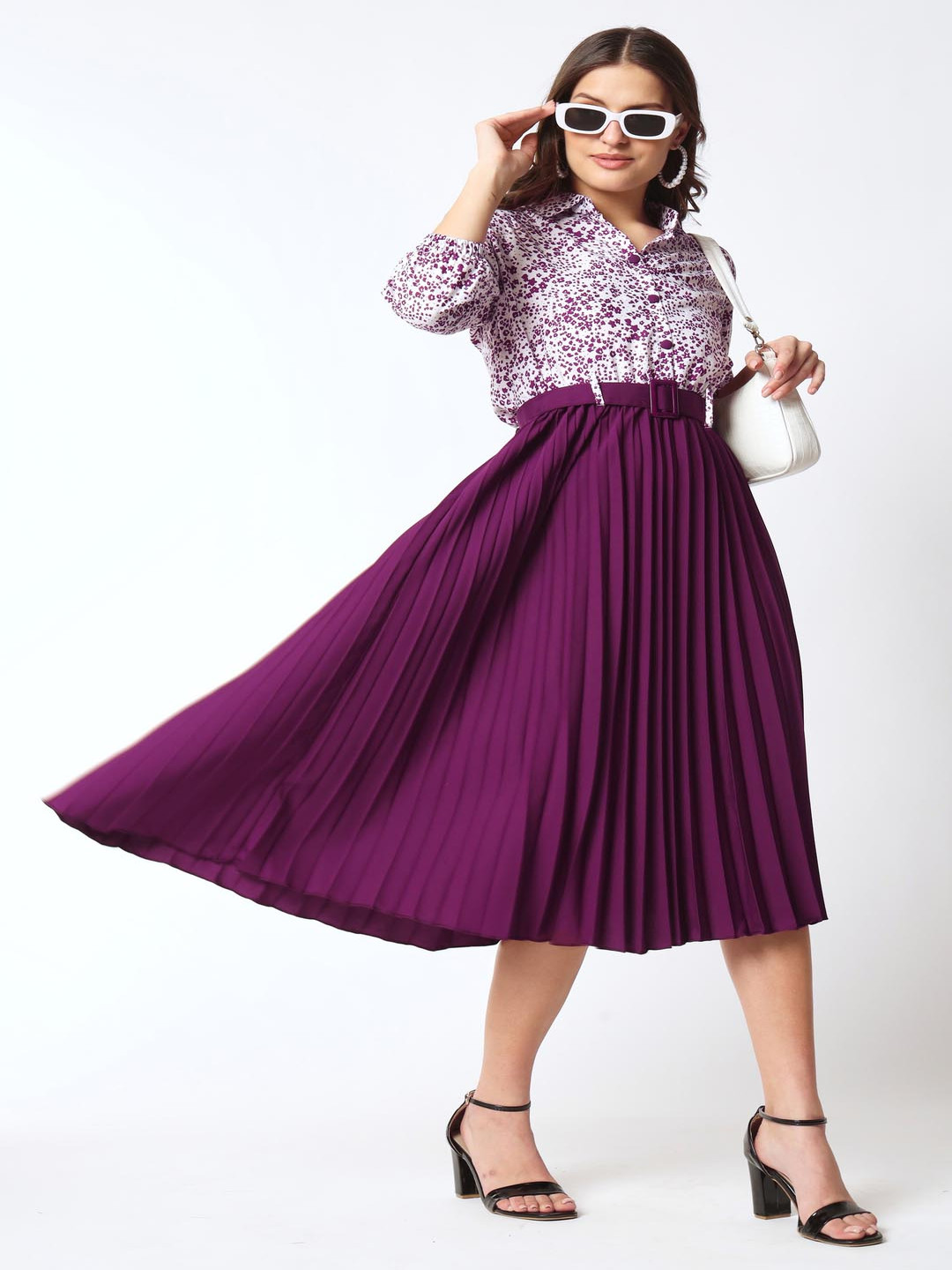 ZWERLON Women Shirt Collar Puff Sleeves A-Line Dress