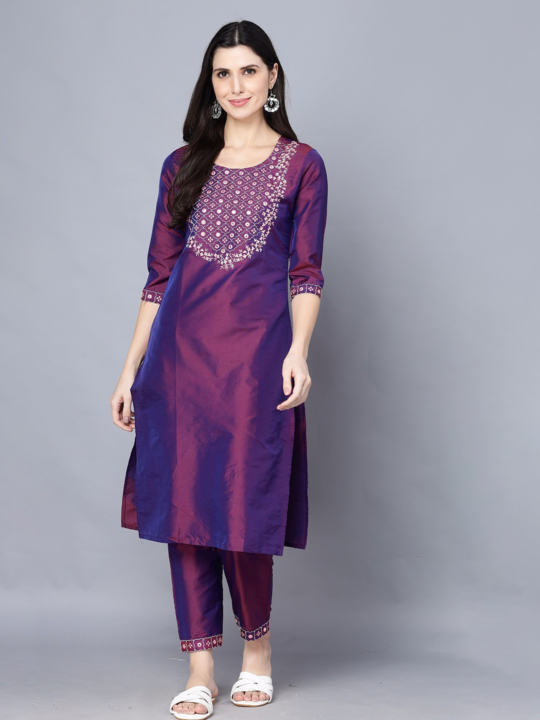 Parth Fab Floral Embroidered Mirror Work Straight Kurta With Trouser