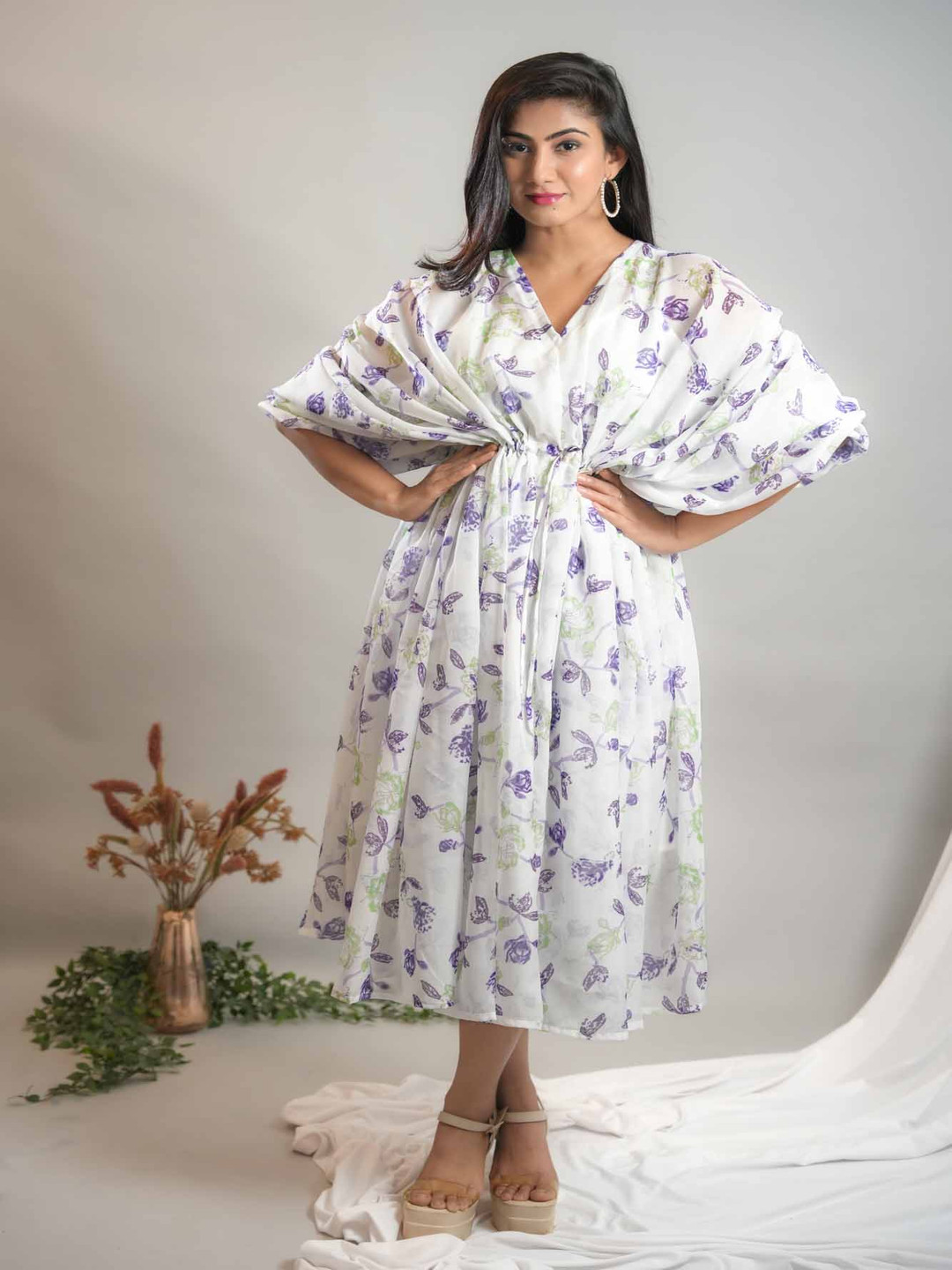 GO BOUJEE Floral Print Georgette Fit and Flare dress