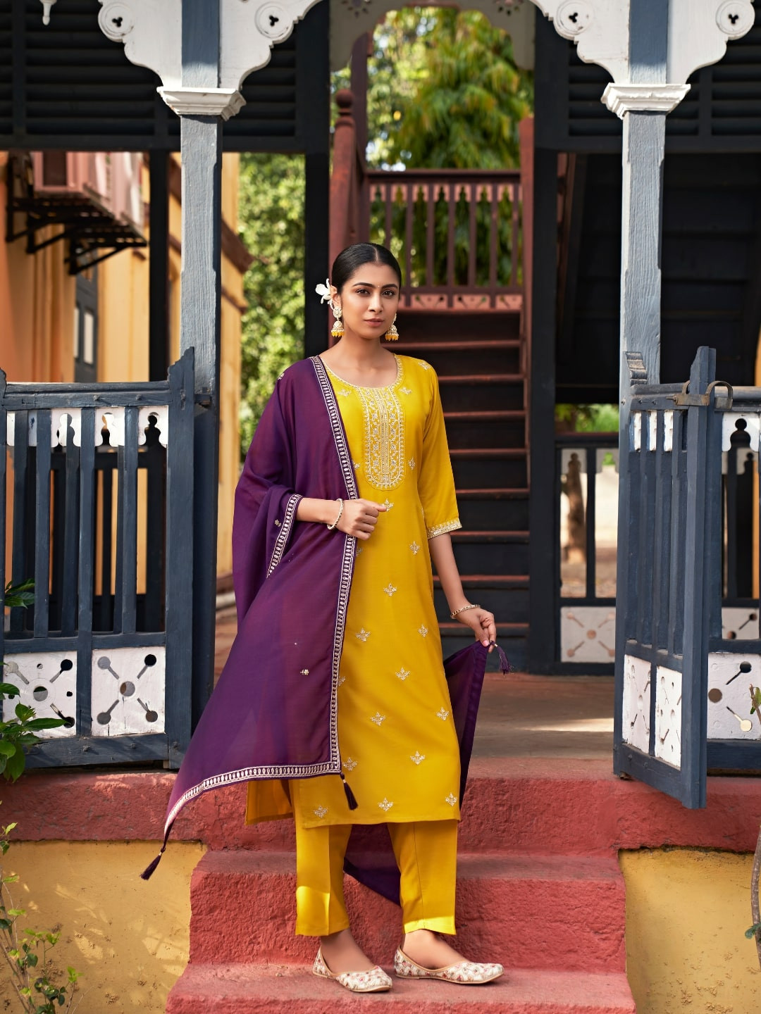 Colors  of Earth Floral Embroidered Sequinned Straight Kurta With Trousers & Dupatta