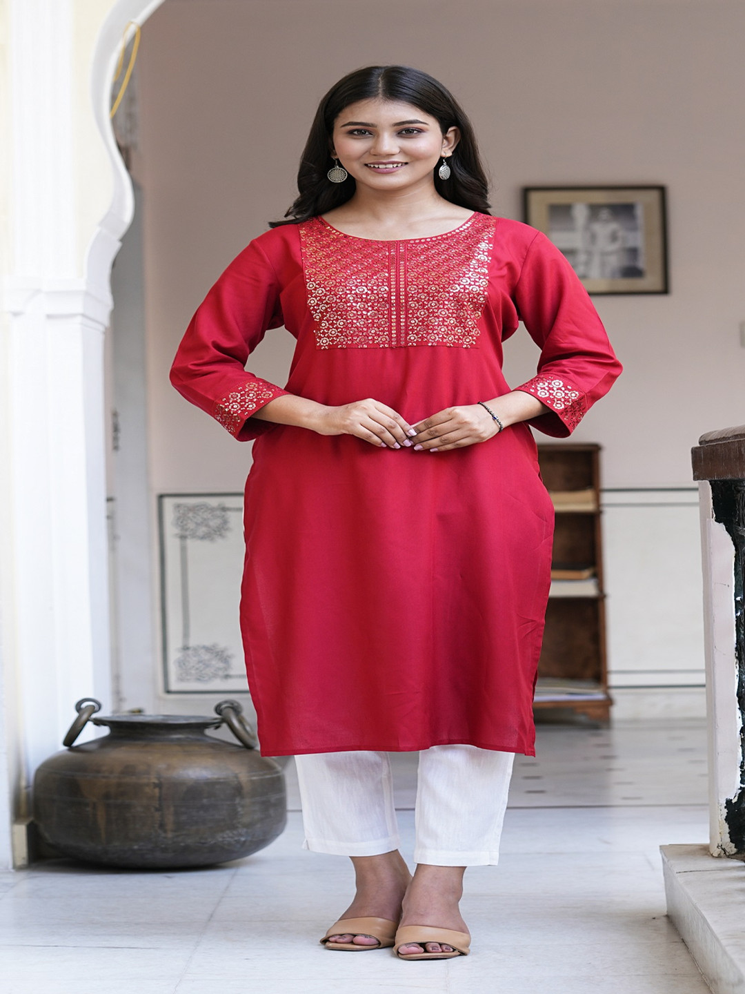 MF Hayat Women Yoke Embroidered Straight Kurtas