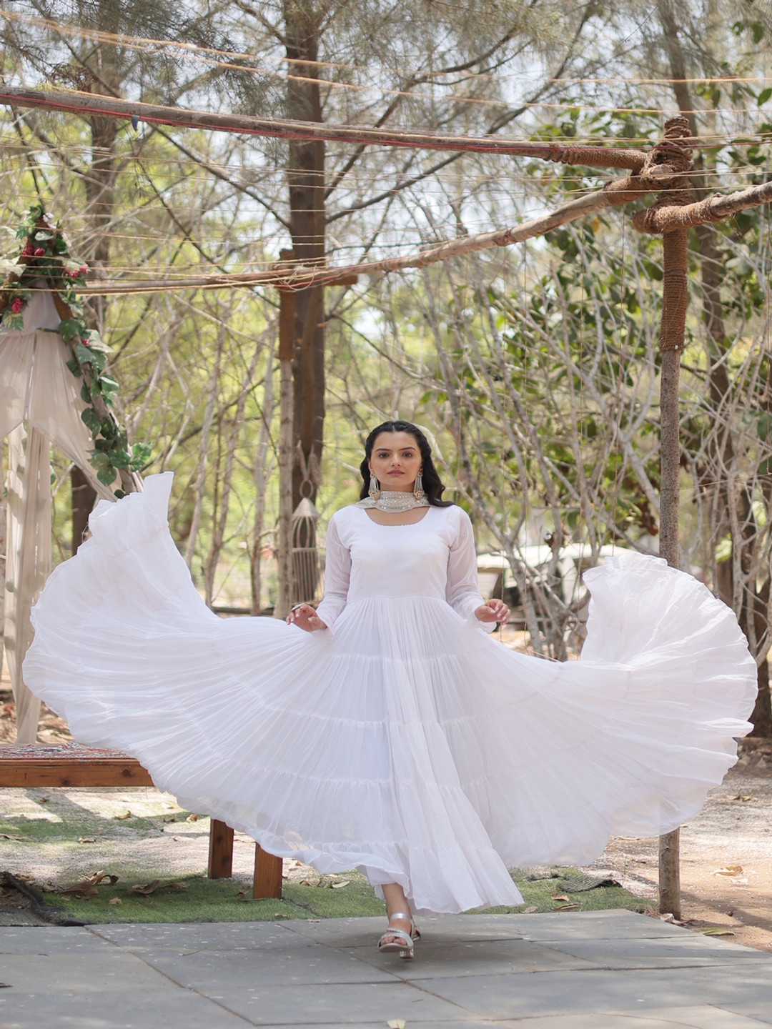 Wedani Round Neck Long Sleeves Layered Georgette Anarkali Kurta With Trouser With Dupatta