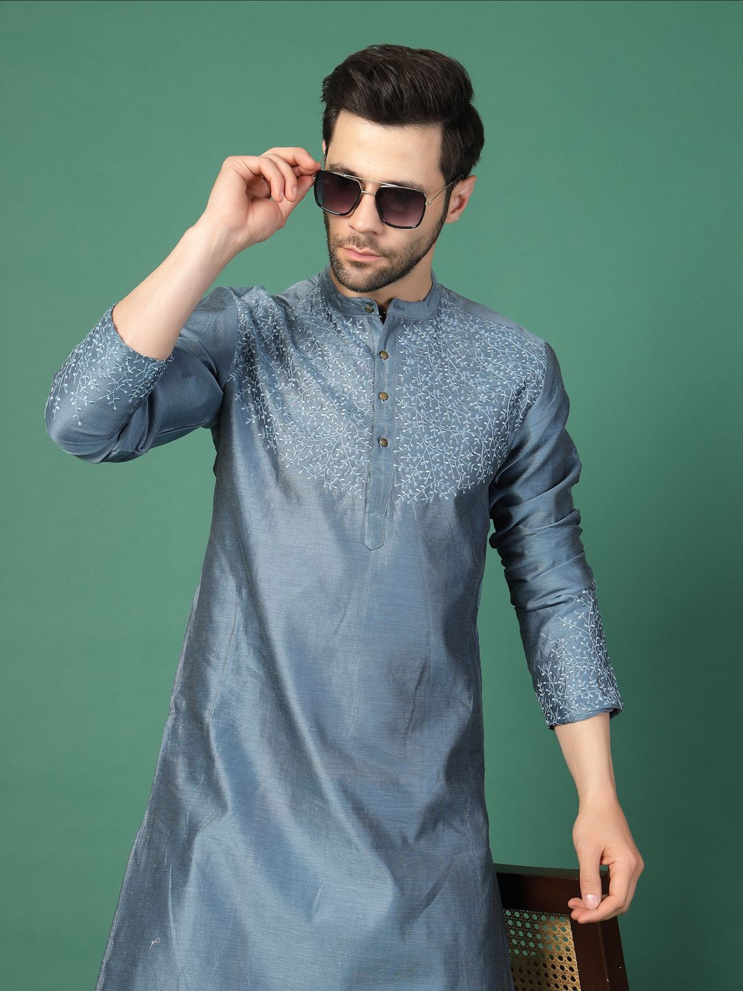 Sangria Blue Floral Embroidered Band Collar Machine Weave Straight Kurta