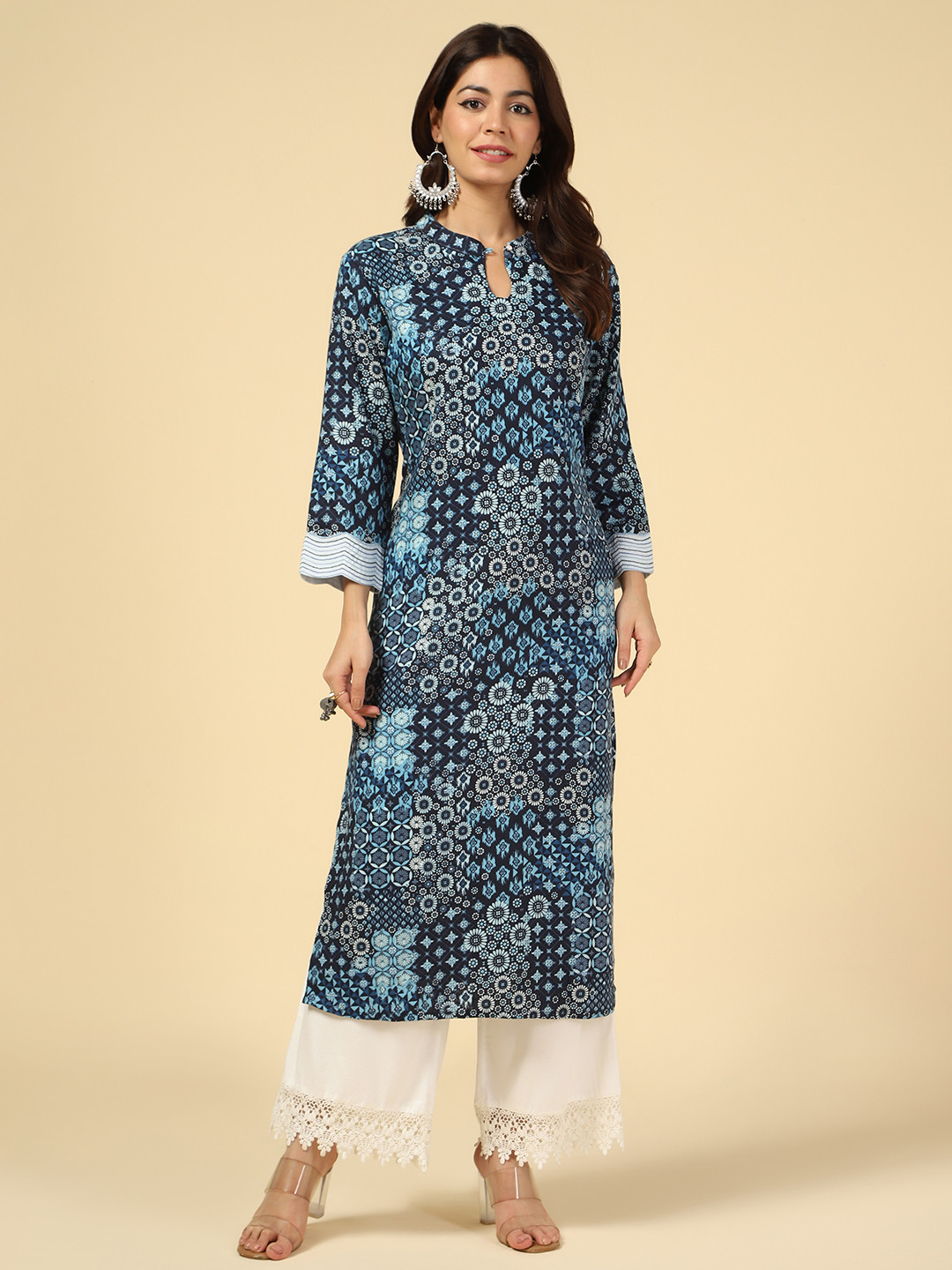 Mustard Floral Printed Linen Keyhole Neck Kurta