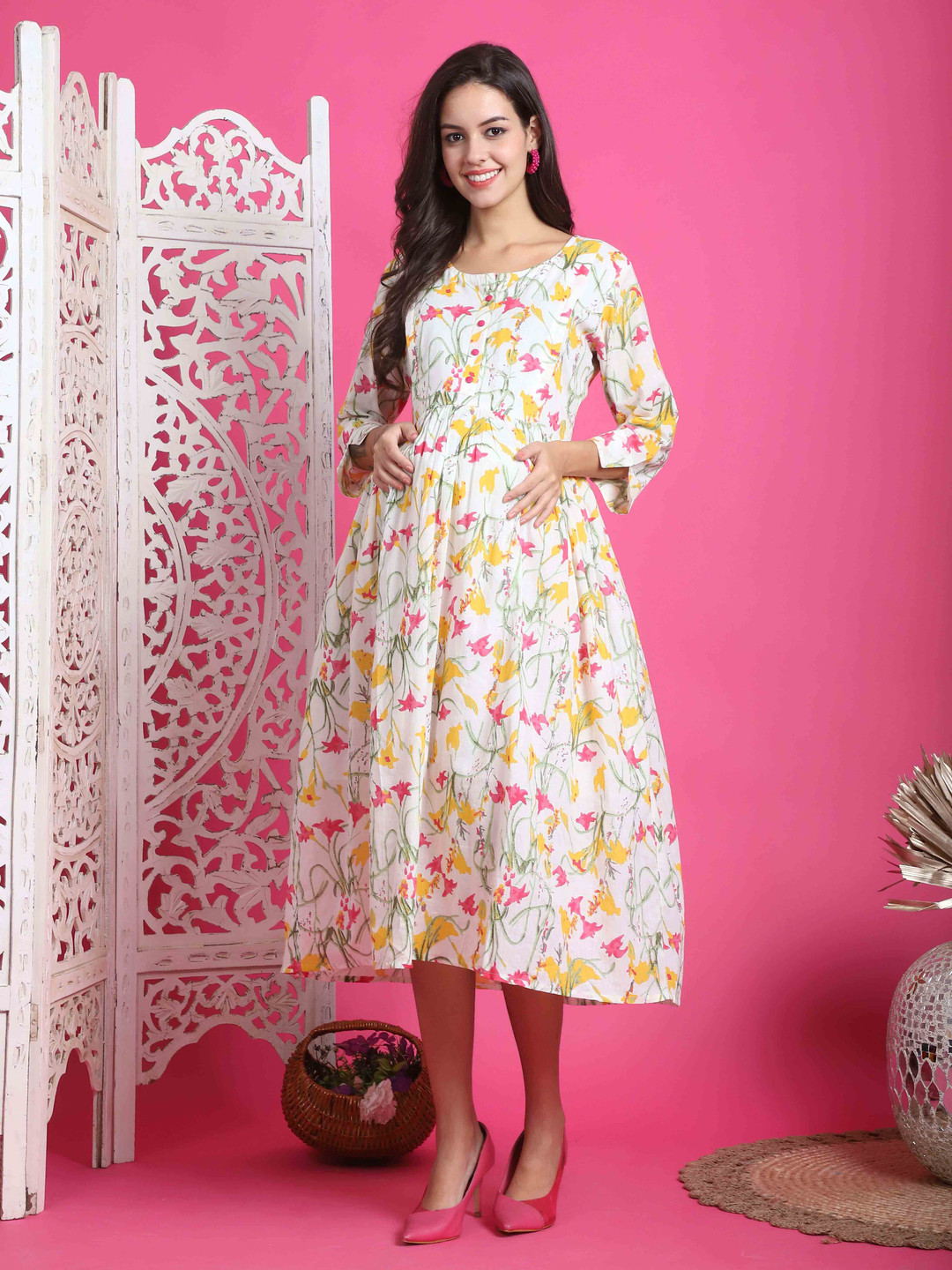 Roly Poly Women Floral Printed Cotton A-Line Maternity Midi Dress