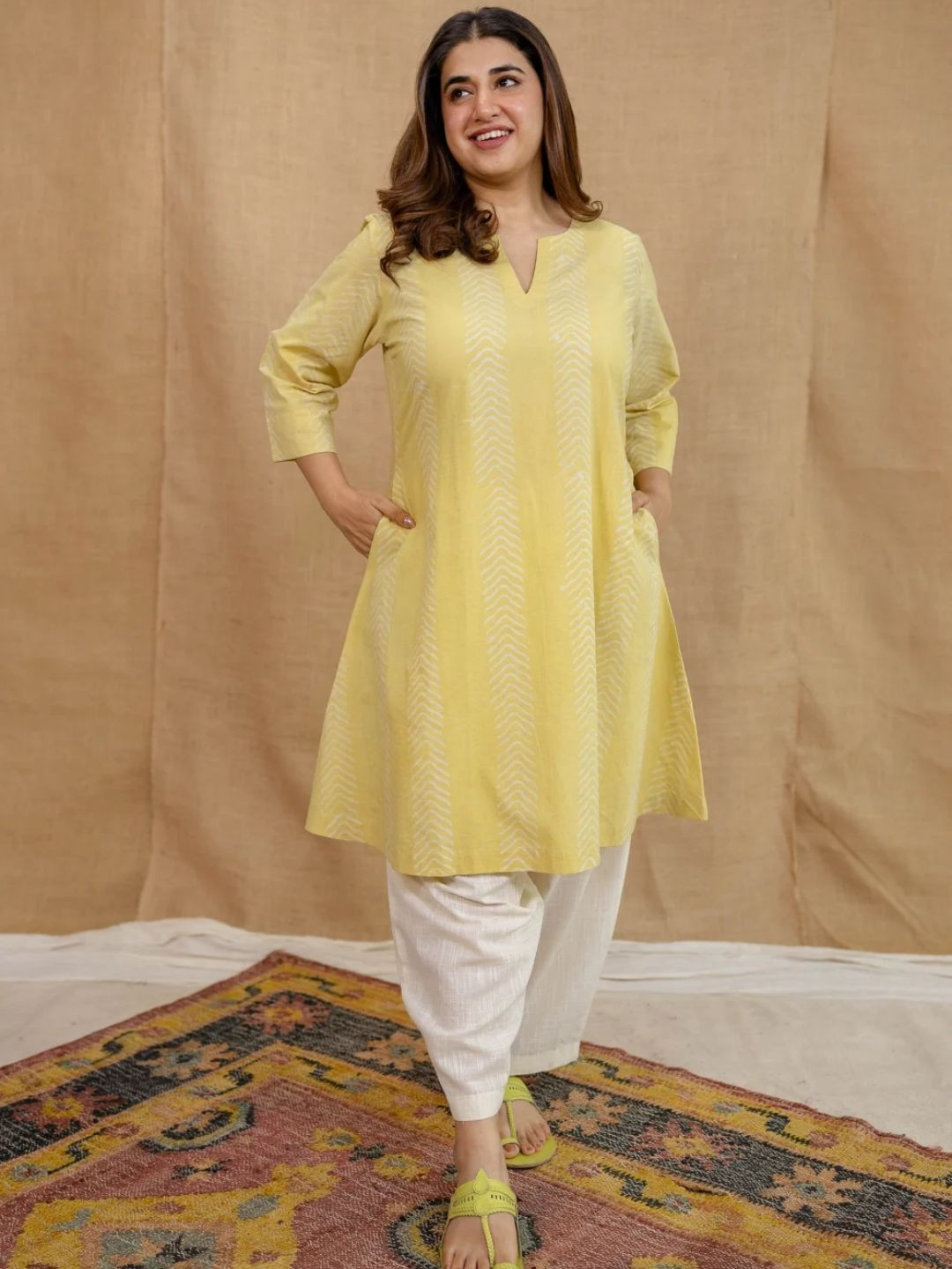 THE INDIAN ETHNIC CO Yellow A-Line Batik Cotton Kurta