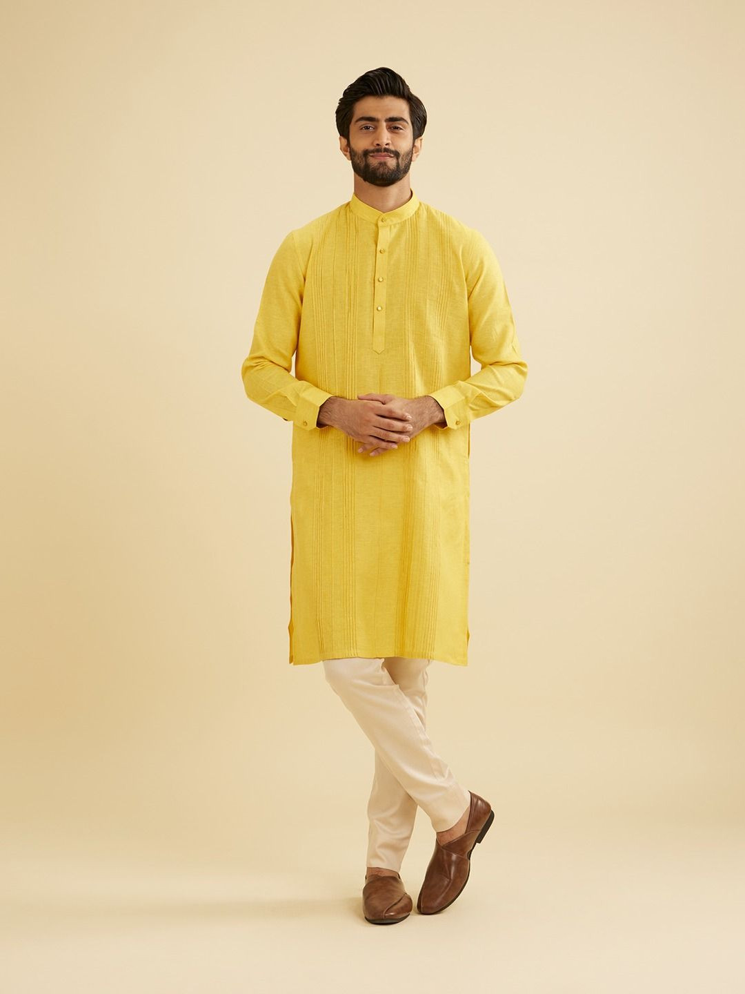 Manyavar Self Design tucks Band Collar Straight Short Kurta