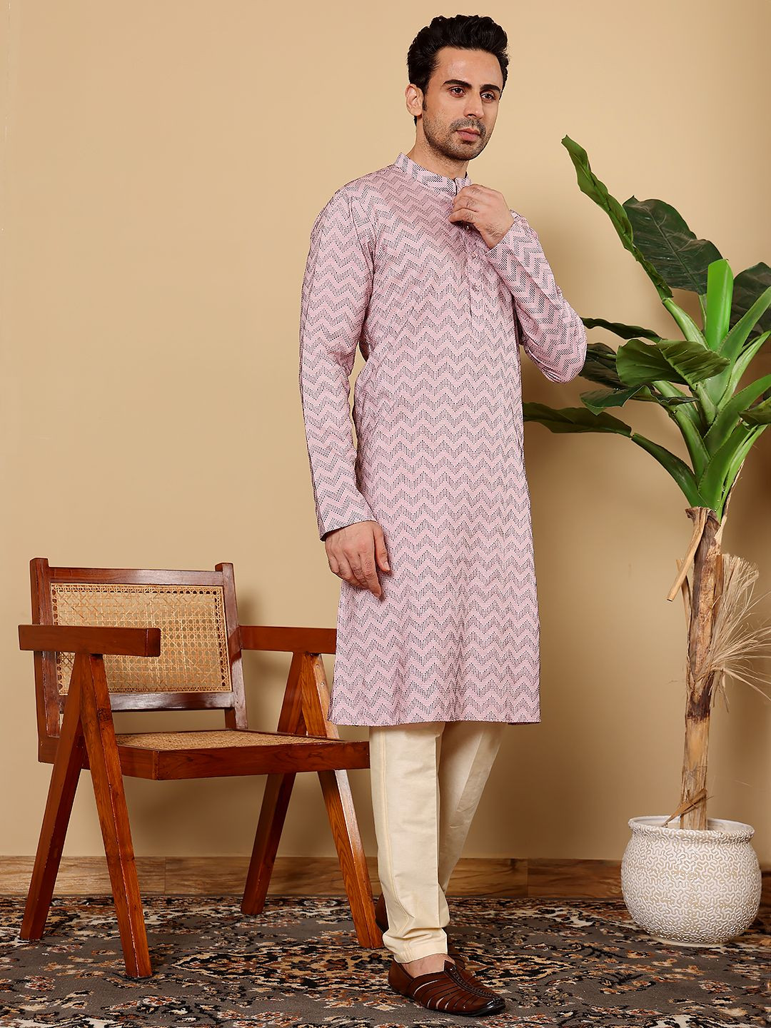 MULTI SHADES Chevron Mandarin Collar Thread Work Pure Cotton Straight Kurta With Pyjamas