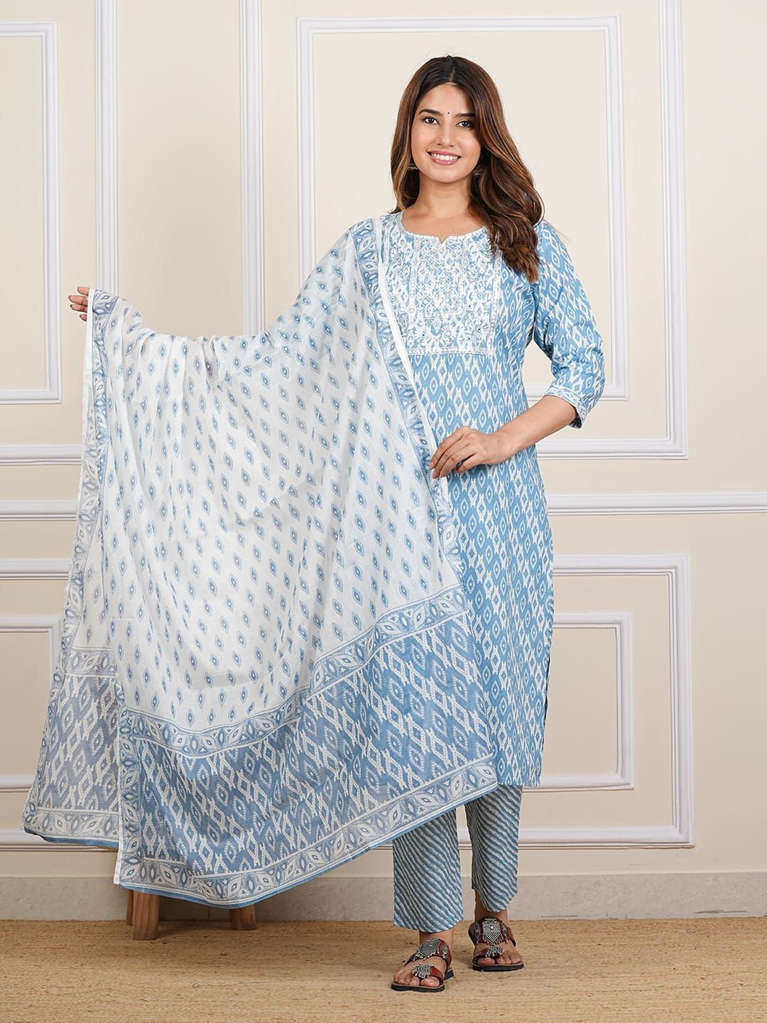 The Bliss Fashion Ethnic Motifs Printed Pure Cotton Straight Kurta With Trousers & Dupatta