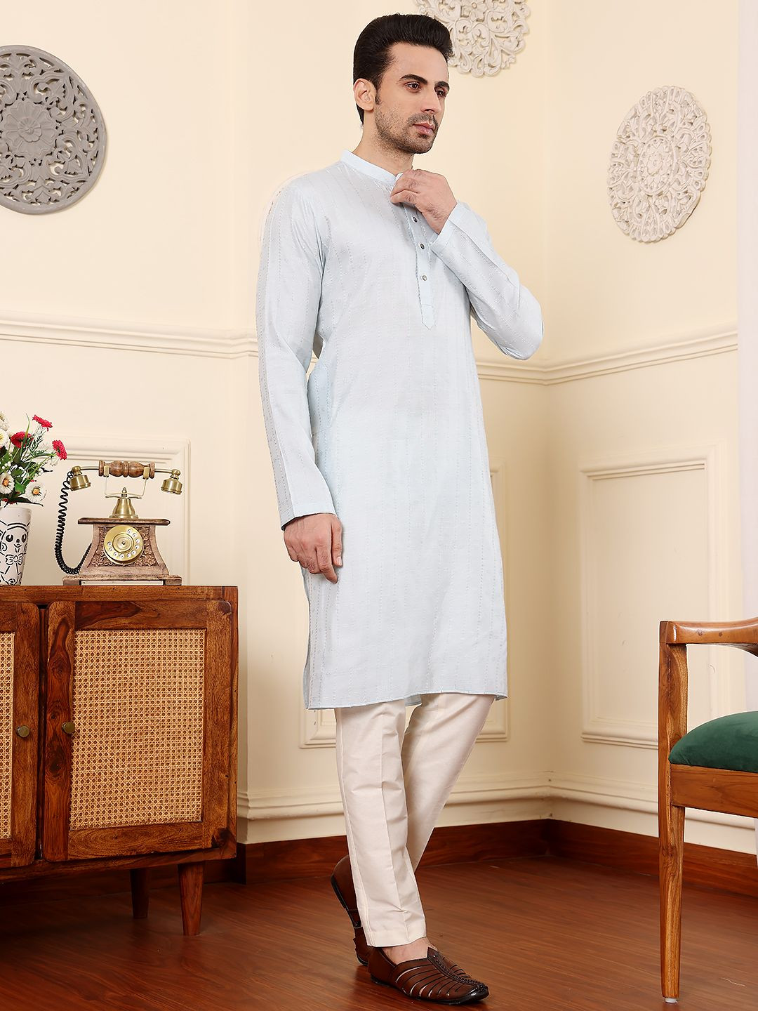 MULTI SHADES Striped Mandarin Collar Thread Work Viscose Silk Straight Kurta With Pyjamas