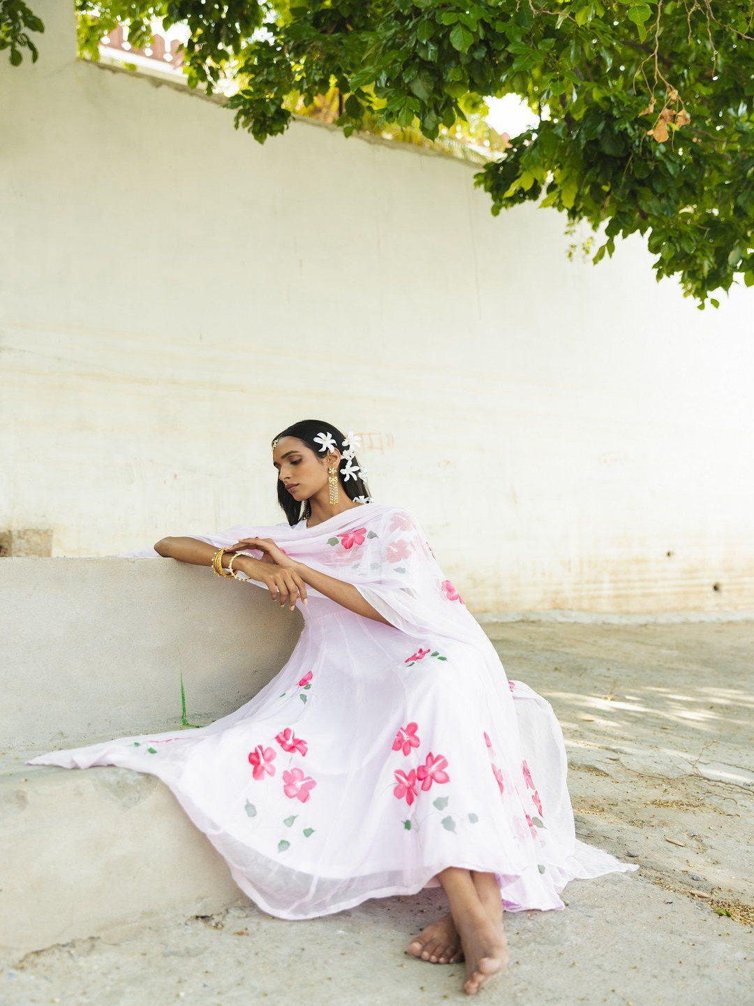 IMROZ HOUSE Painted Chiffon Anarkali Kurta With Trousers & Dupatta