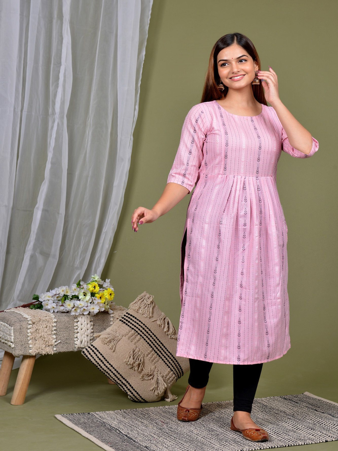 Lerkiza Ethnic Motif  Woven Design Round Neck Anarkali A-Line Pure Cotton Maternity Kurta