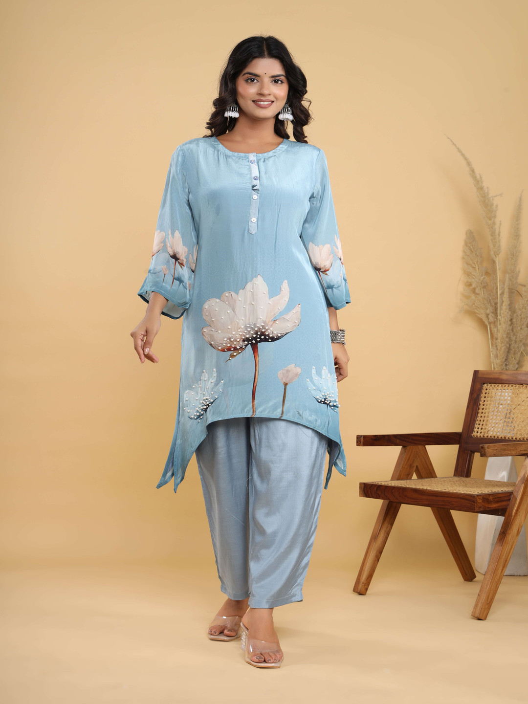 VASVI Floral Printed Beads And Stones High-Low Kurta With Trouser And Dupatta