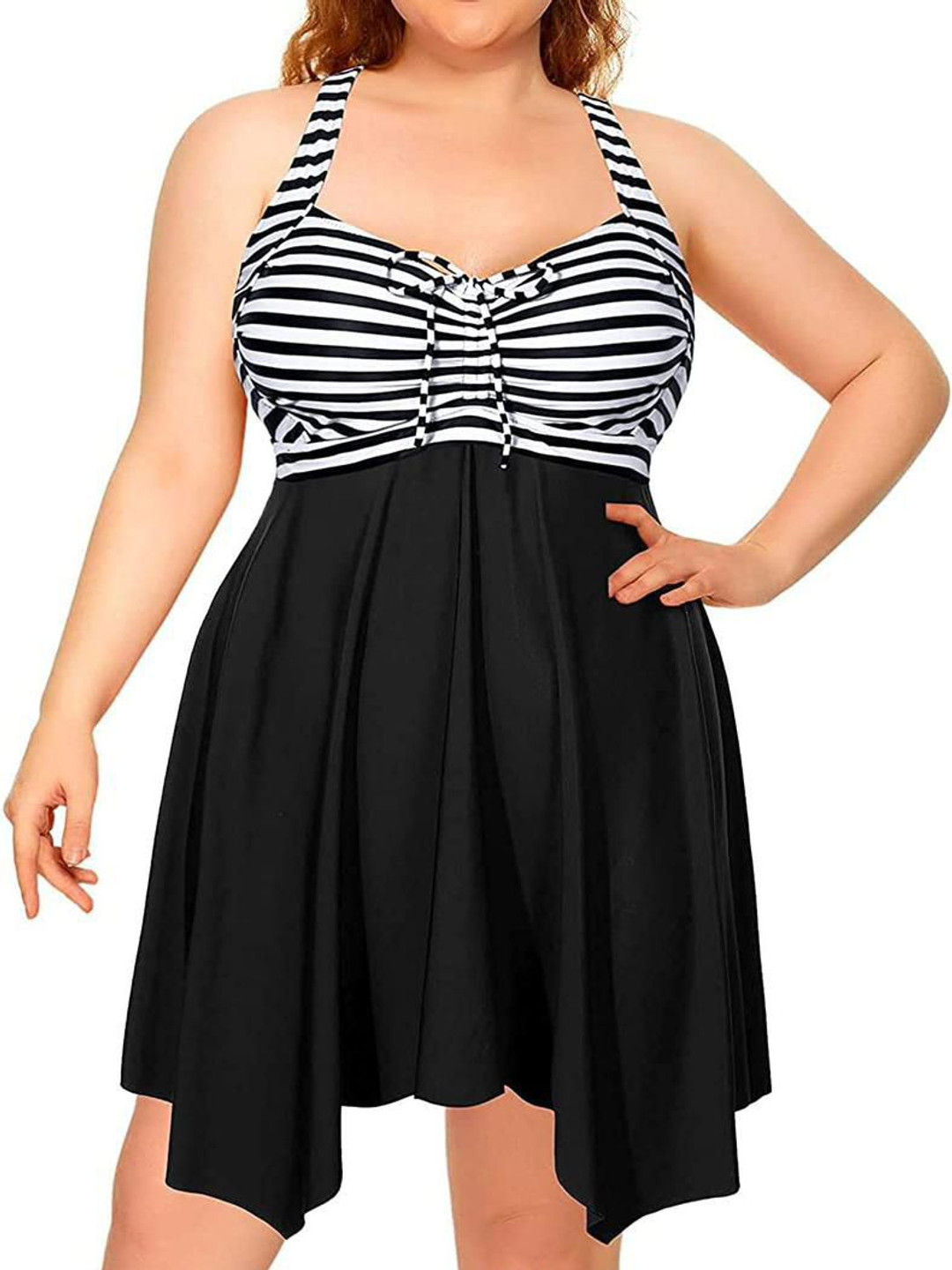 Plus Curvves Women Plus Size Striped Swimwear With Attached Shorts