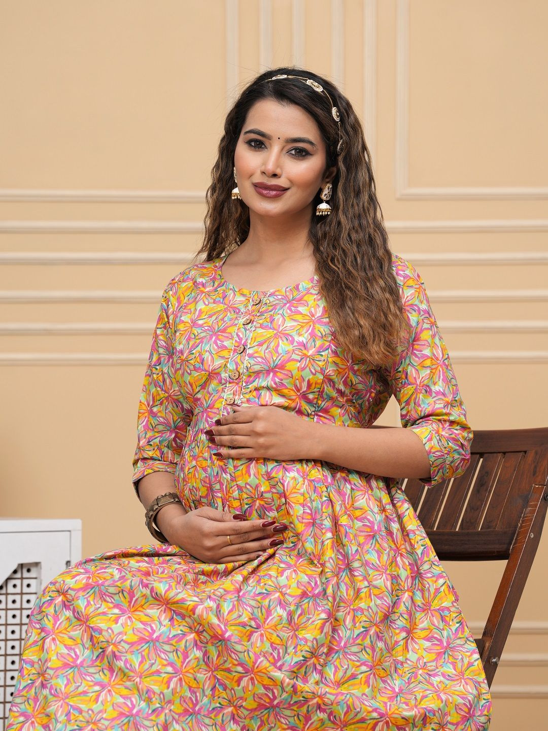 Nevisha Style Floral Printed Thread Work Maternity Anarkali Kurta