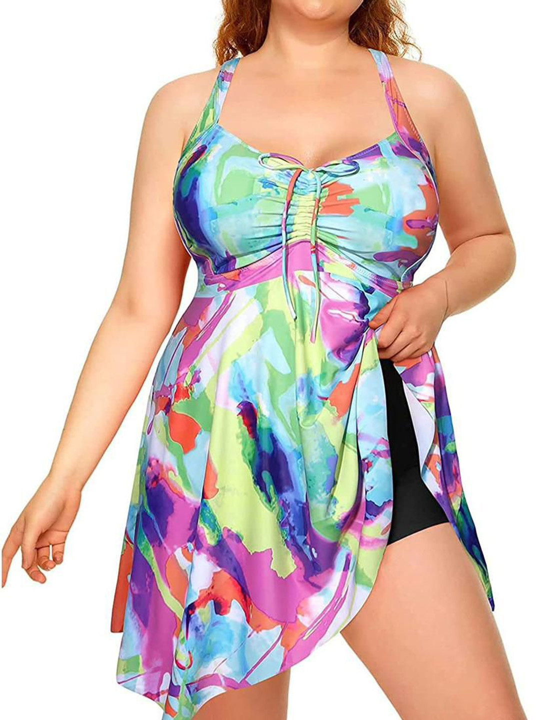 Plus Curvves Women Abstract Printed Plus Size Swimming Dress with Shorts