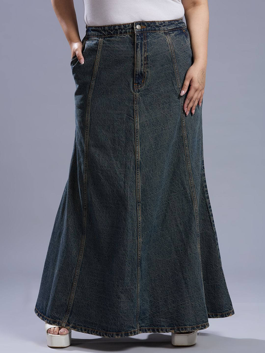 Turning Blue Women Denim A-Line Maxi Skirt