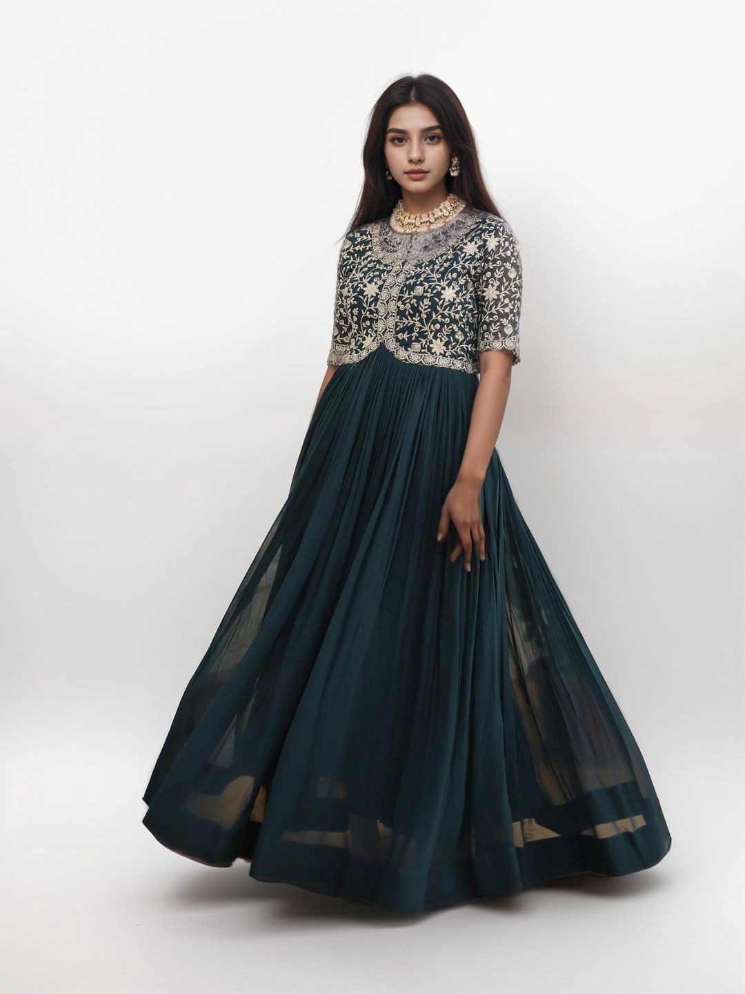 Vama Heritage Floral Embroidered Sequinned Pleated Notch Neck A-Line Kurta