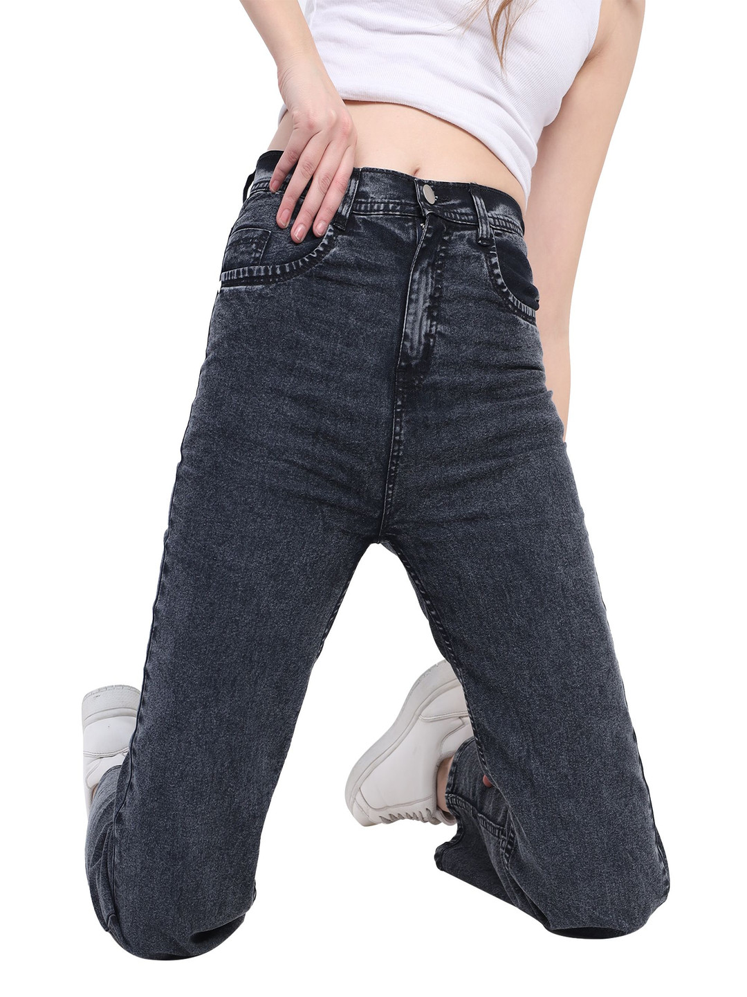AC CREATION Women Jean Straight Fit High-Rise Low Distress Jeans