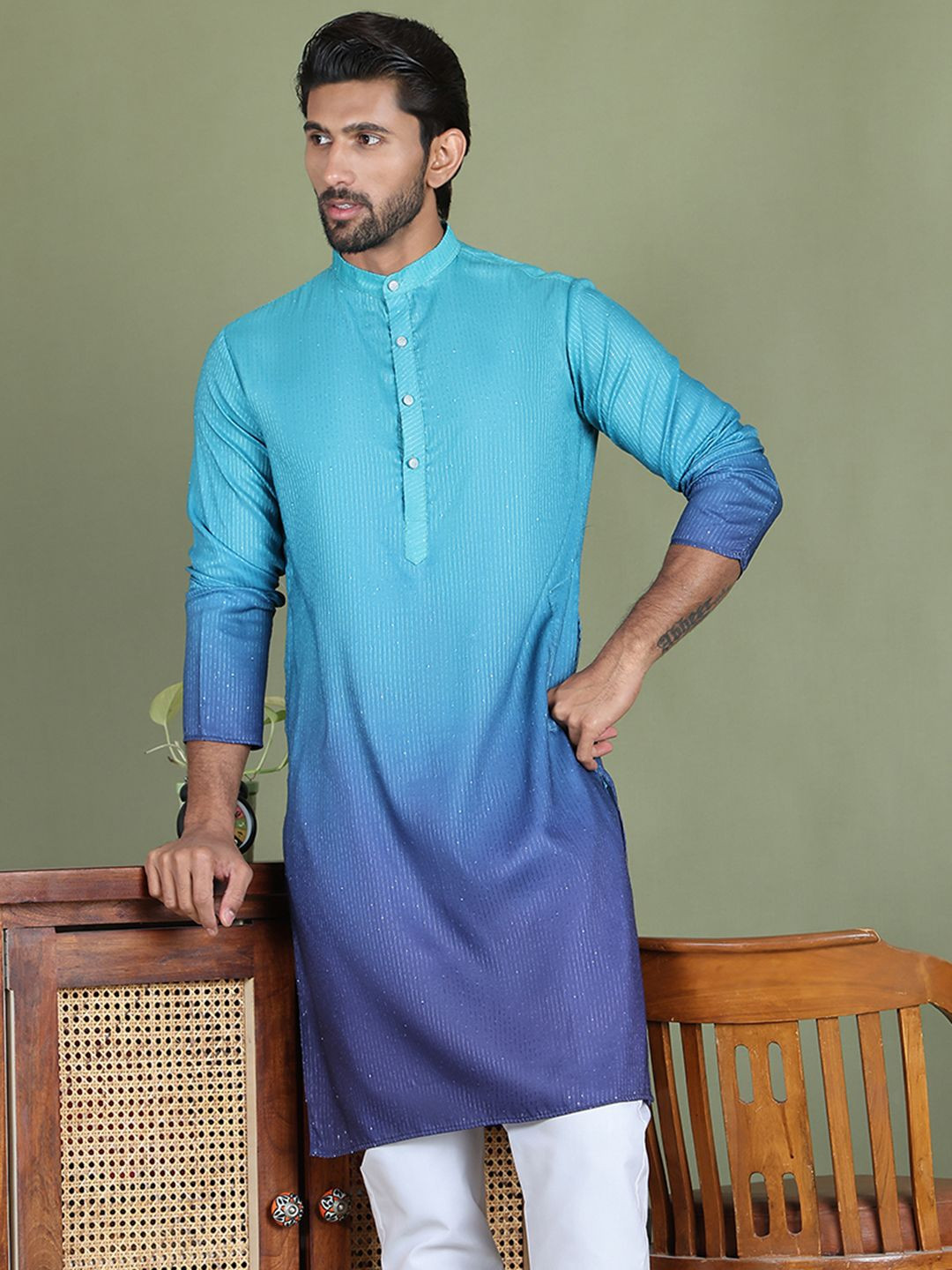 Jompers Striped Sequenned Ombre Band Collar Straight Kurta
