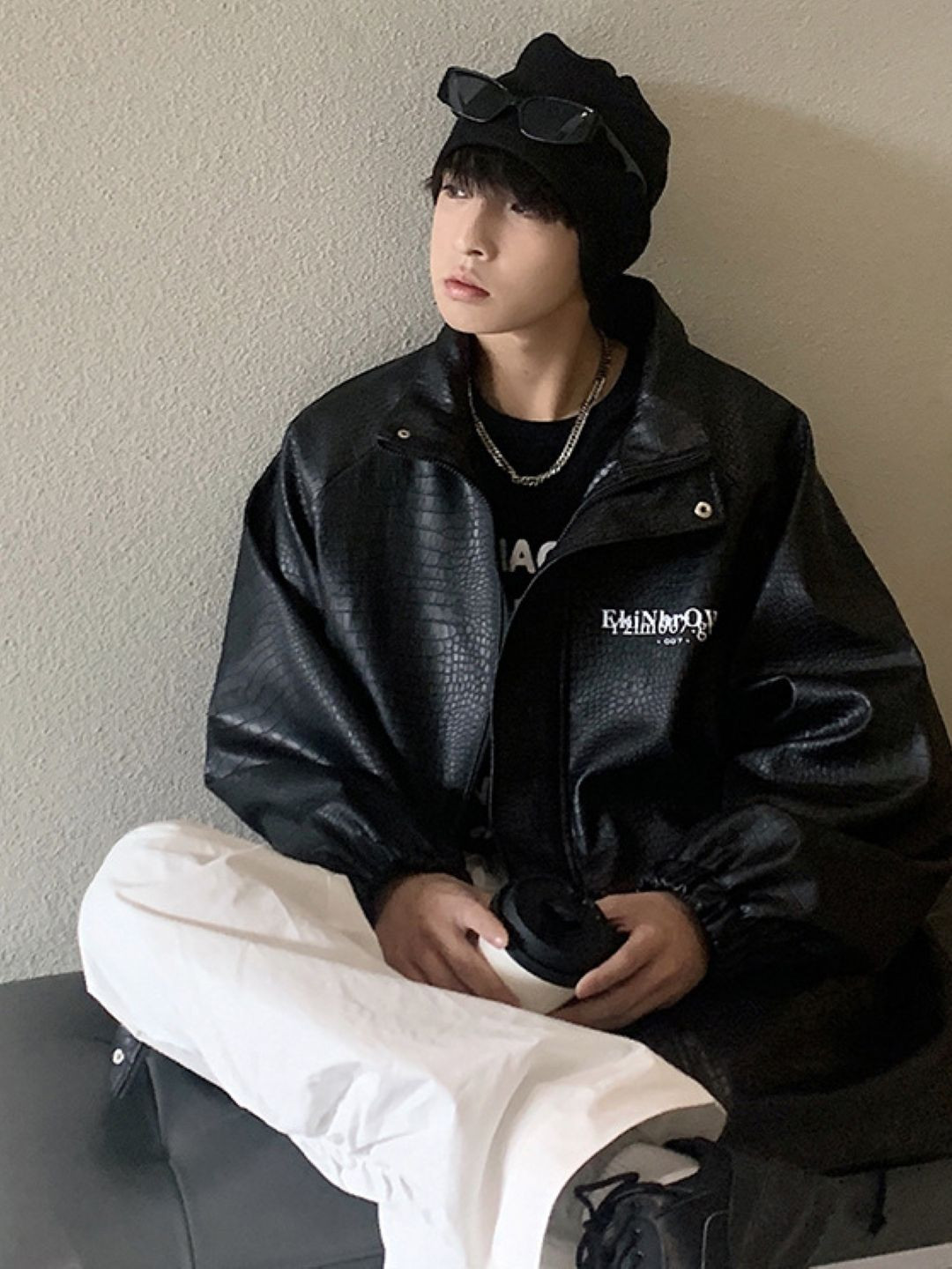 StyleCast Men Mock Collar Self Design Casual Leather Jacket