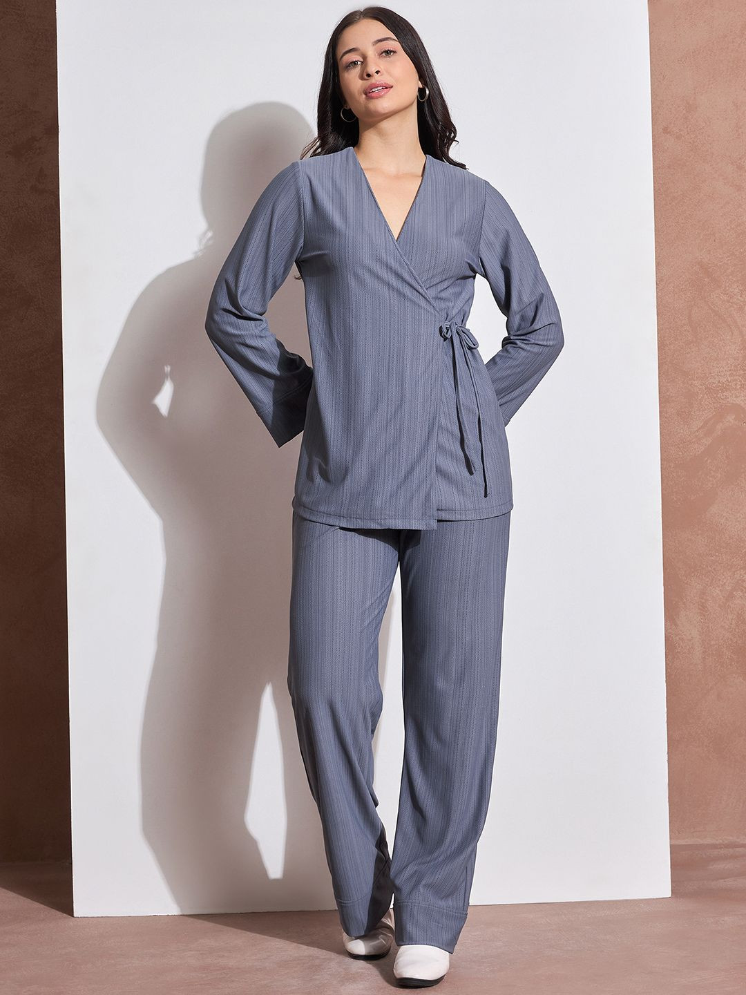DRAPE AND DAZZLE Self Design V-Neck Love Sleeves Top With Trouser