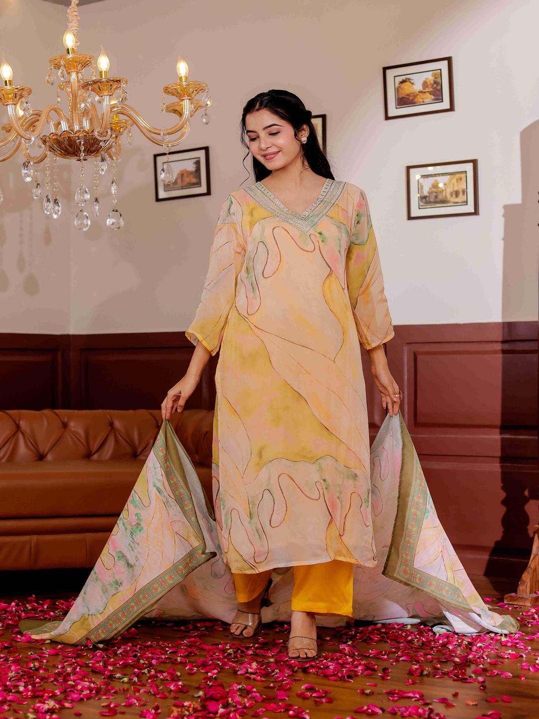 Chandbaali Floral Zari Work Organza Fabric Straight Kurta with Pyjamas And Dupatta