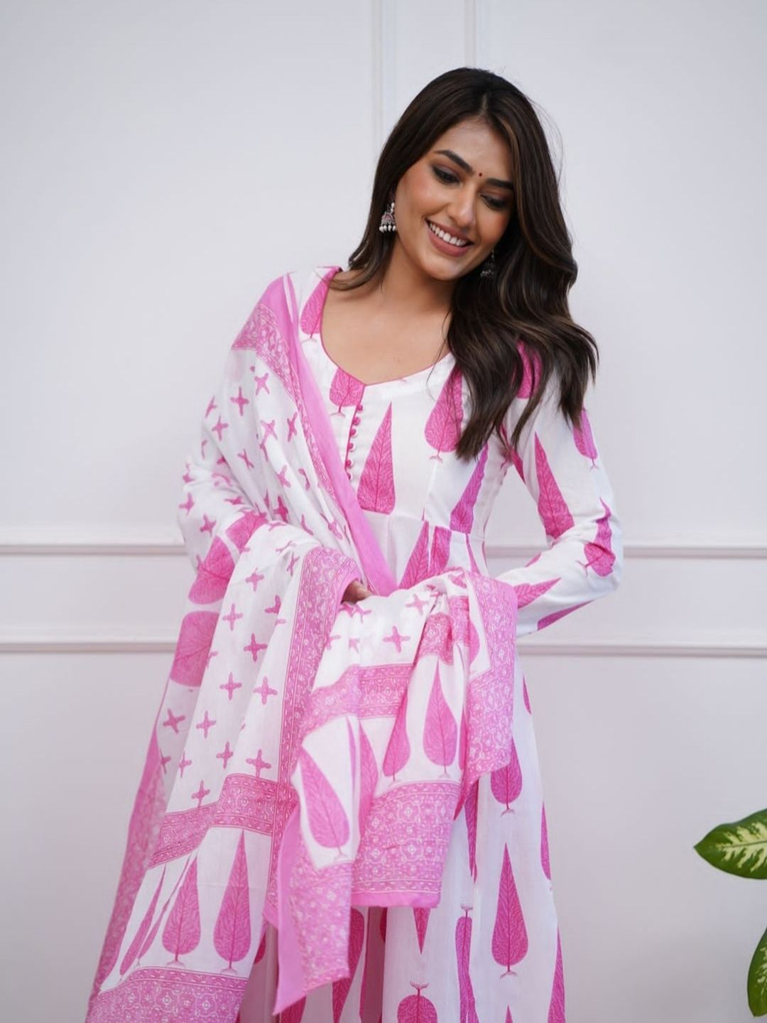 PIDER Floral Printed Round Neck Anarkali Pure Cotton Kurta With Trousers And Dupatta