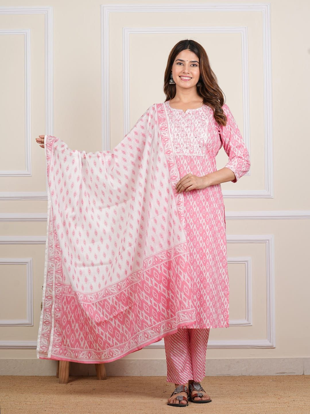 The Bliss Fashion Ethnic Motifs Printed Pure Cotton Straight Kurta With Trousers & Dupatta