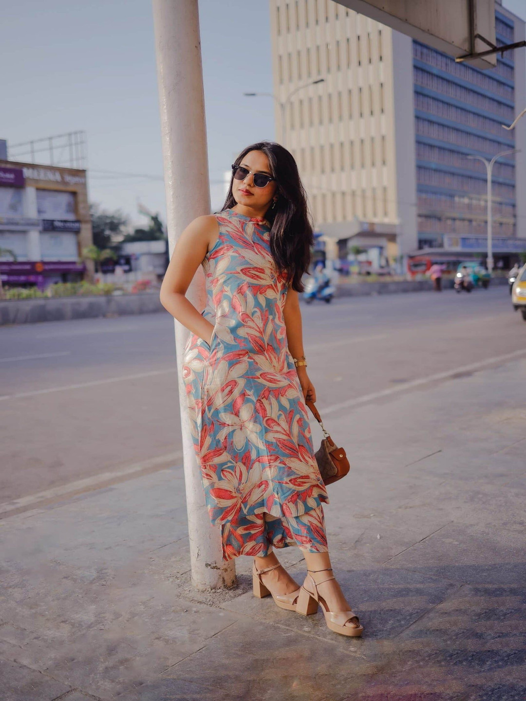 KALINI Floral Printed Round Neck A-Line Kurta With Palazzos