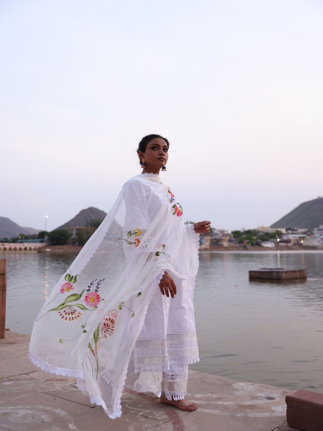 IMROZ HOUSE Floral Embroidered Organic Cotton Bell Sleeves Kurta With Trousers & Dupatta