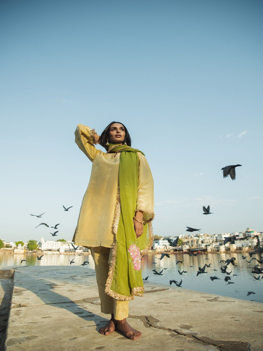 IMROZ HOUSE Tissue Notch Neck Straight Kurta With Trousers And Dupatta