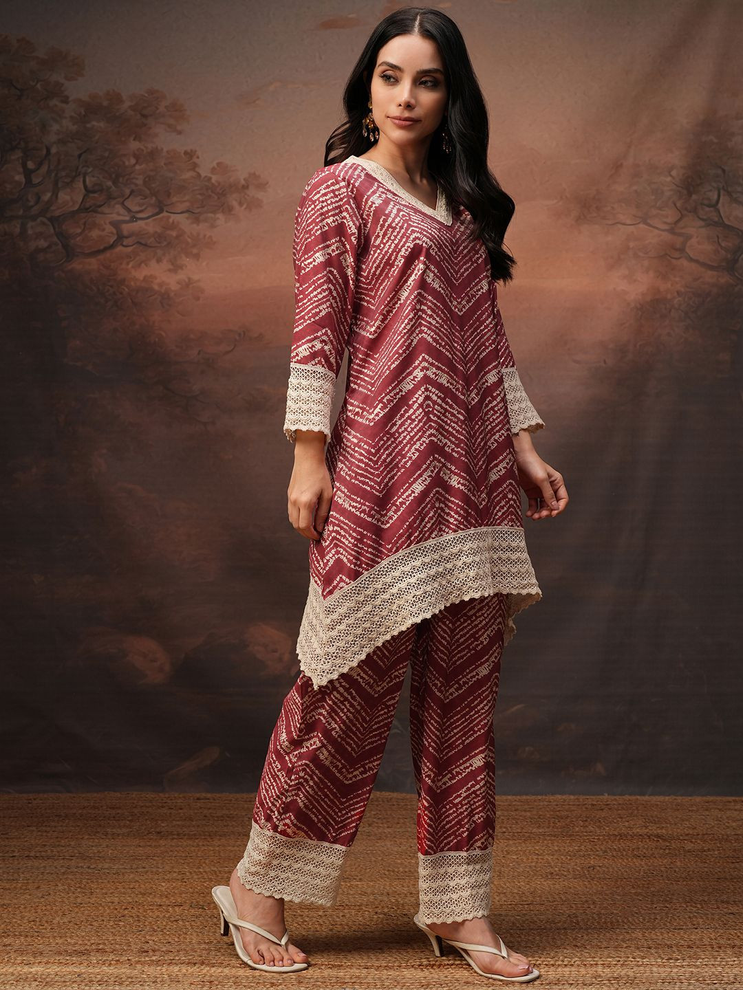 Vishudh Women Rose Printed Tunic With Pant Co-Ord Set