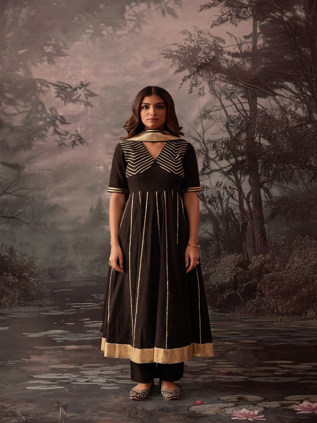 IMROZ HOUSE Striped Embroidered Pure Cotton V-Neck Anarkali Kurta With Trousers & Dupatta