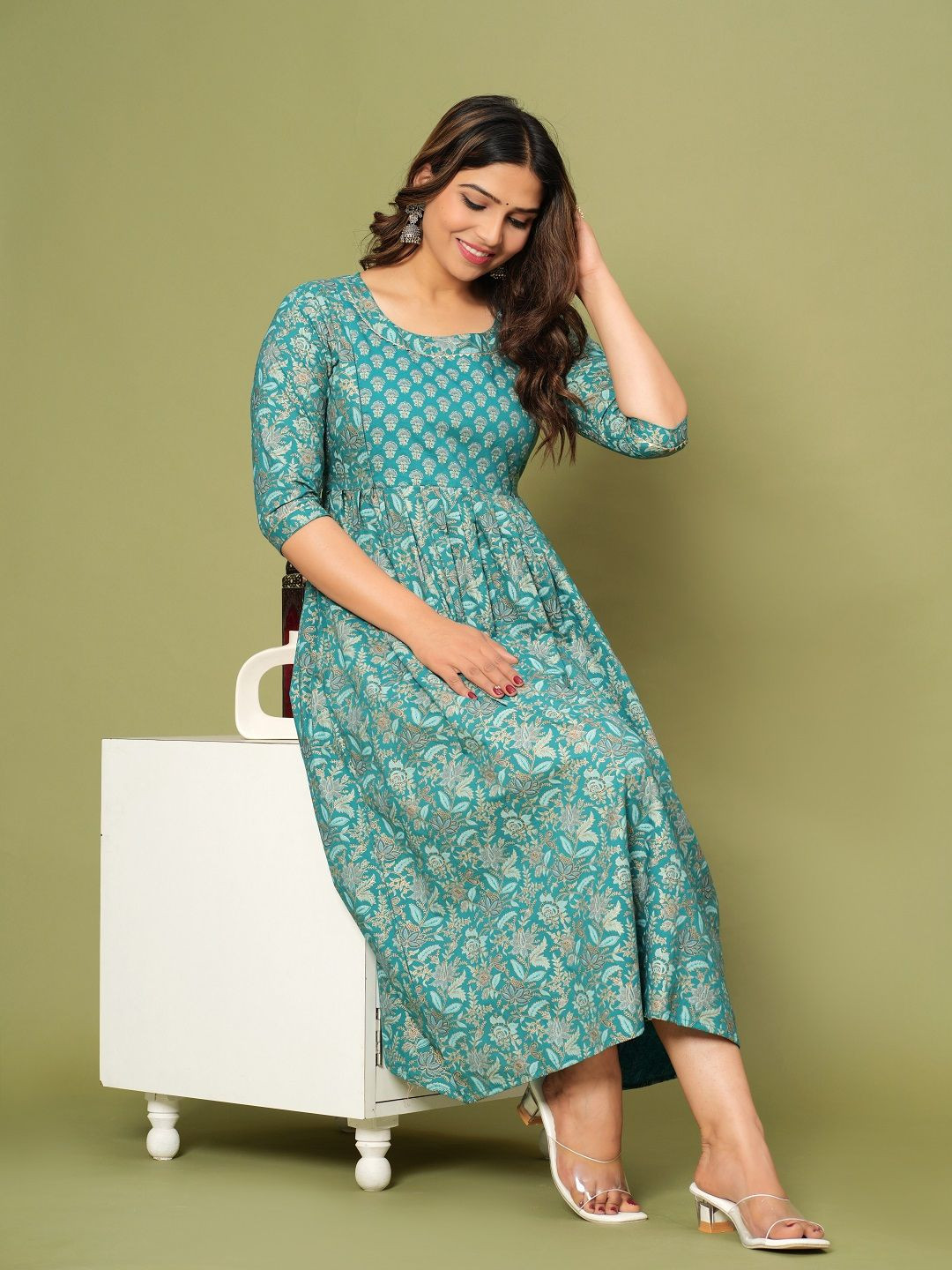 Nevisha Style Floral Printed Pleated Gotta Patti Maternity Pure Cotton Anarkali Kurtas