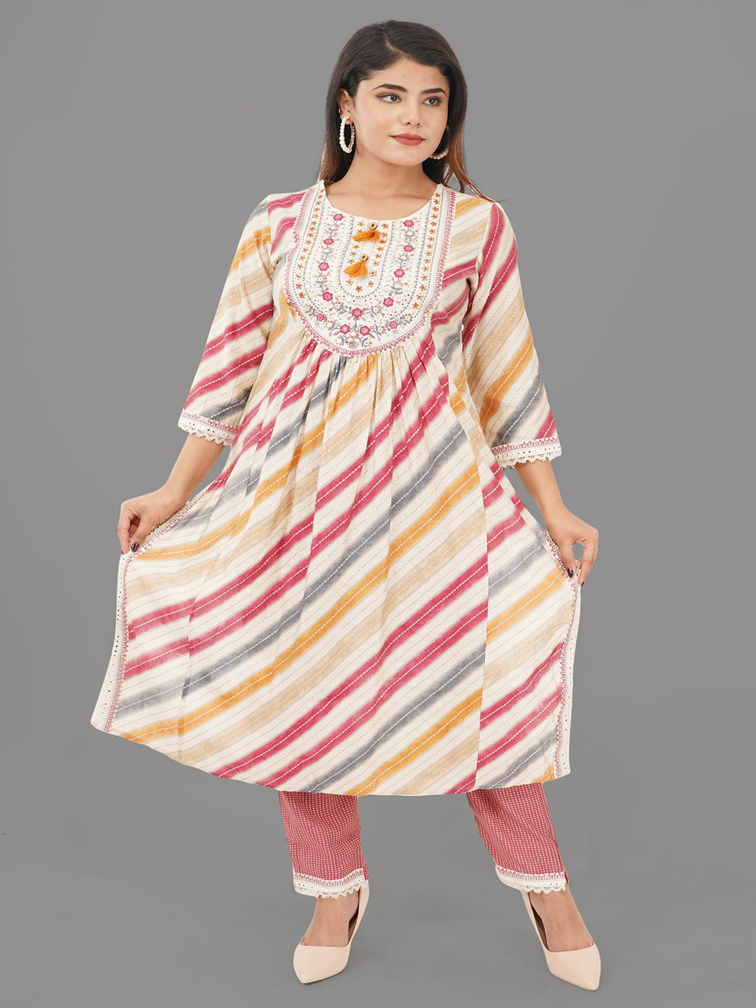 inkara Striped Pleated Pure Cotton Straight Kurta With Trousers And Dupatta