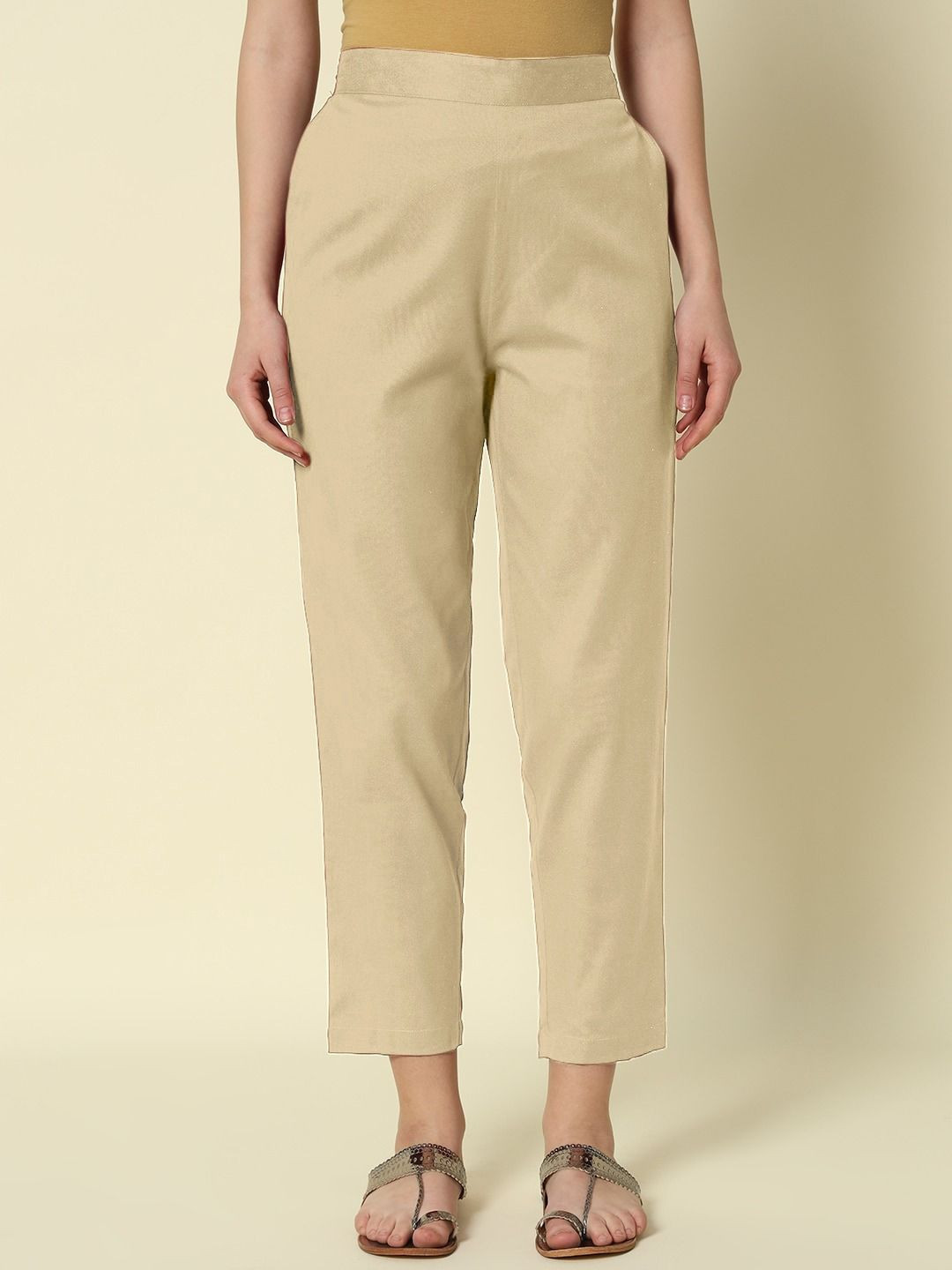 FIORRA Women Cotton Solid Relaxed Cigarette Trousers