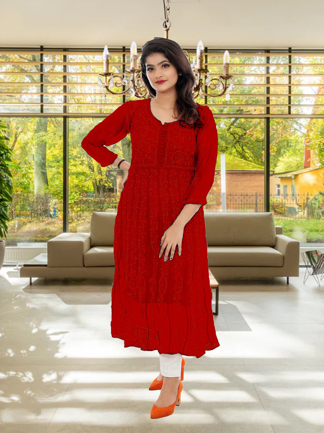 ADR CHIKAN Lucknowi Chikankari Round Neck Georgette Anarkali Kurta