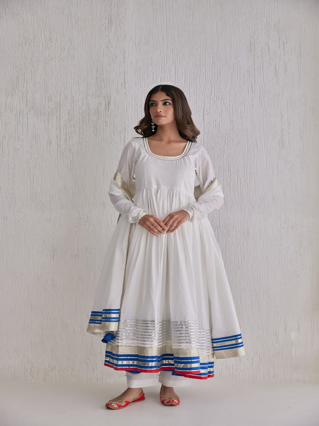 IMROZ HOUSE Pure Cotton Gotta Patti Work Pleated Anarkali Kurta With Trousers And Dupatta