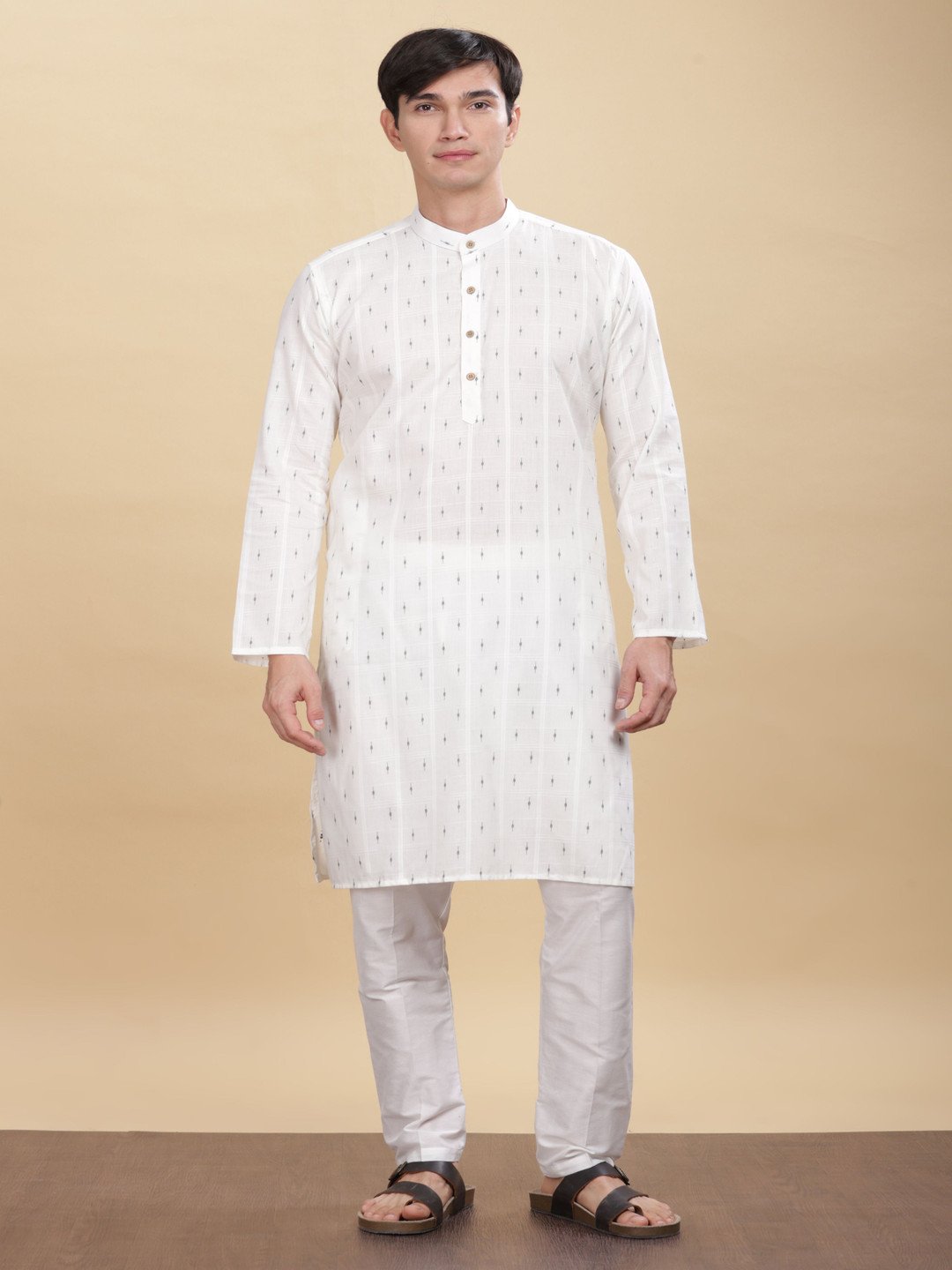 Anouk White Woven Design Band Collar Cotton Straight Kurta