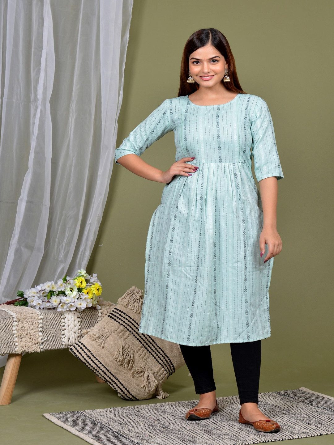 Lerkiza Ethnic Motif  Woven Design Round Neck Anarkali A-Line Pure Cotton Maternity Kurta