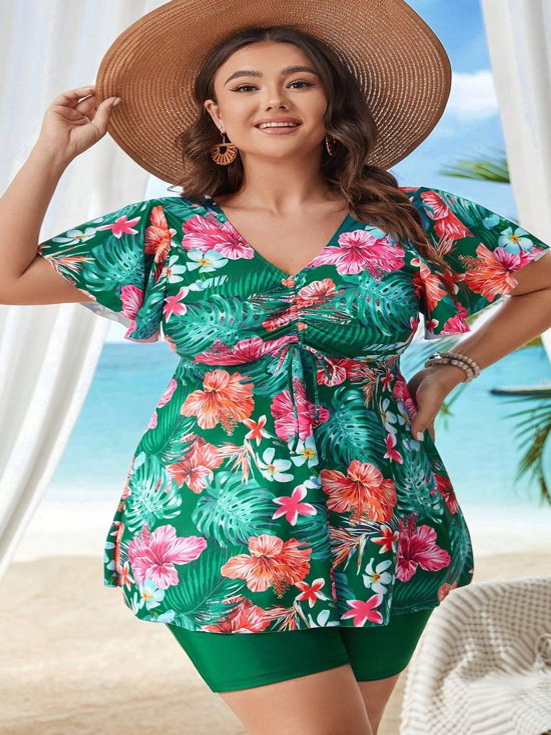 Plus Curvves  Women Floral Print V-Neck Top With Drawstring & Boyshorts Swimwear