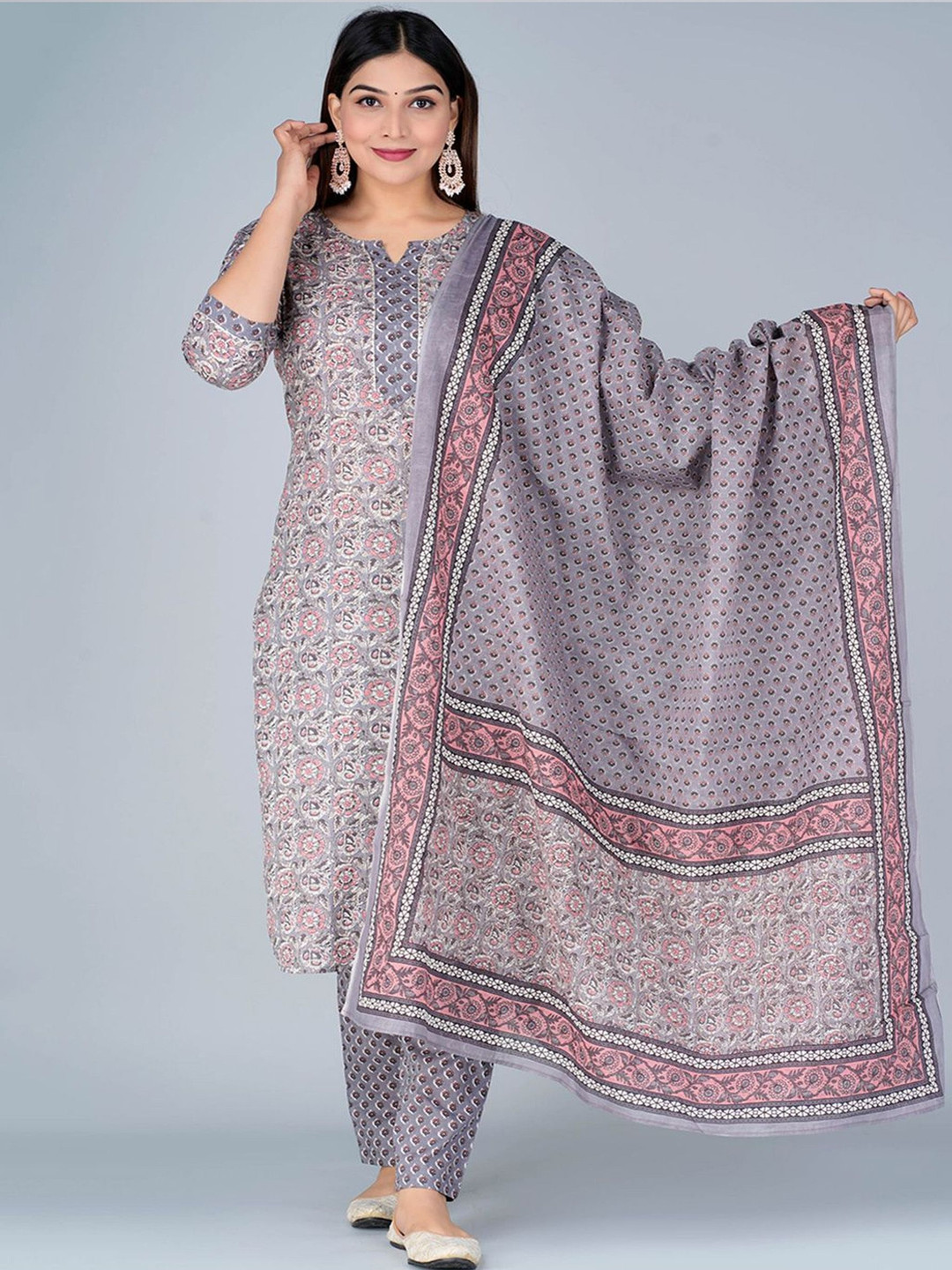 CTMTEX Floral Printed Notch Neck Pure Cotton Straight Kurta With Trouser And Dupatta