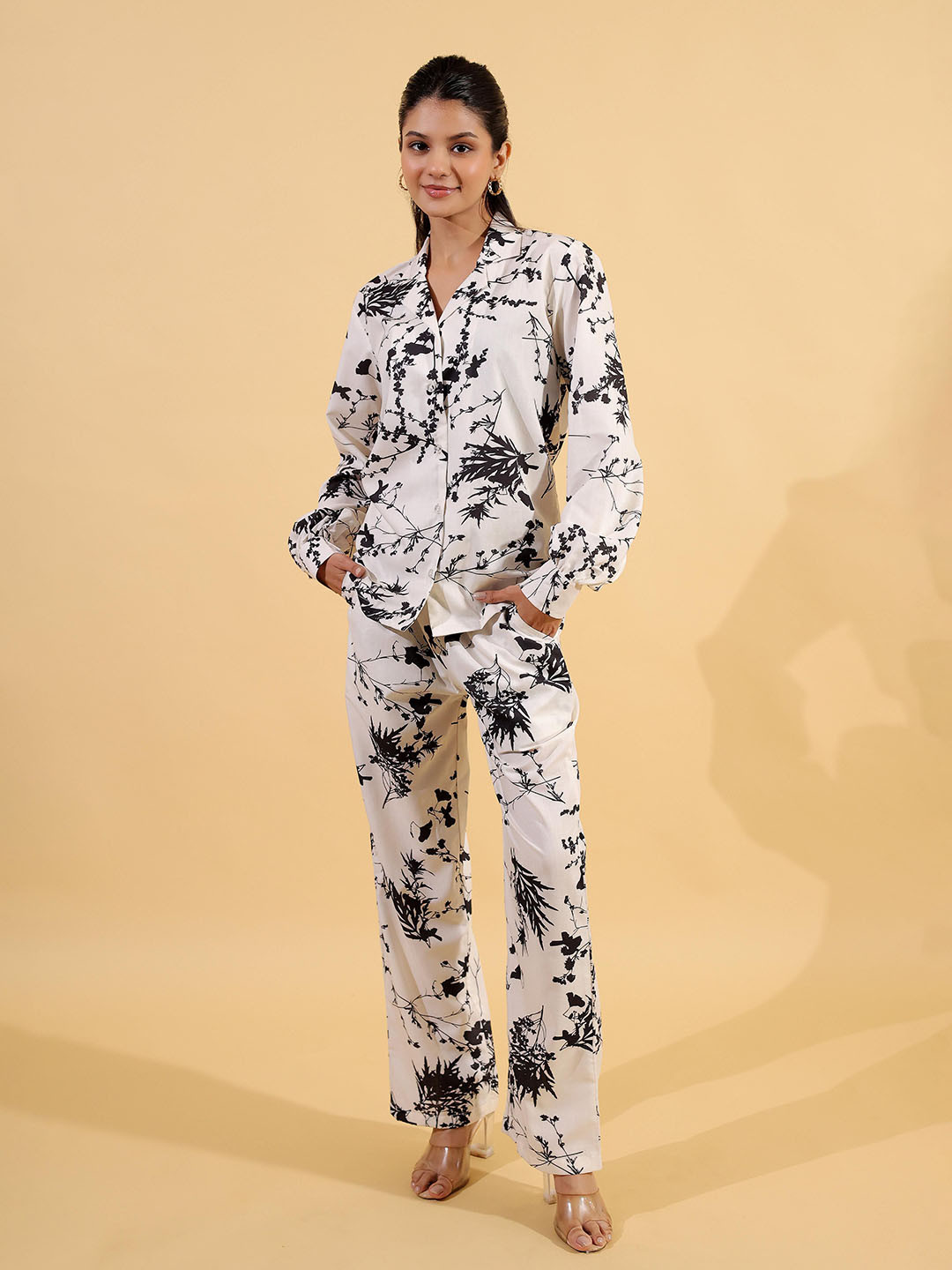 BEOM Classic White Botanical Printed Shirt Collar Long Sleeves Linen Shirt & Trouser