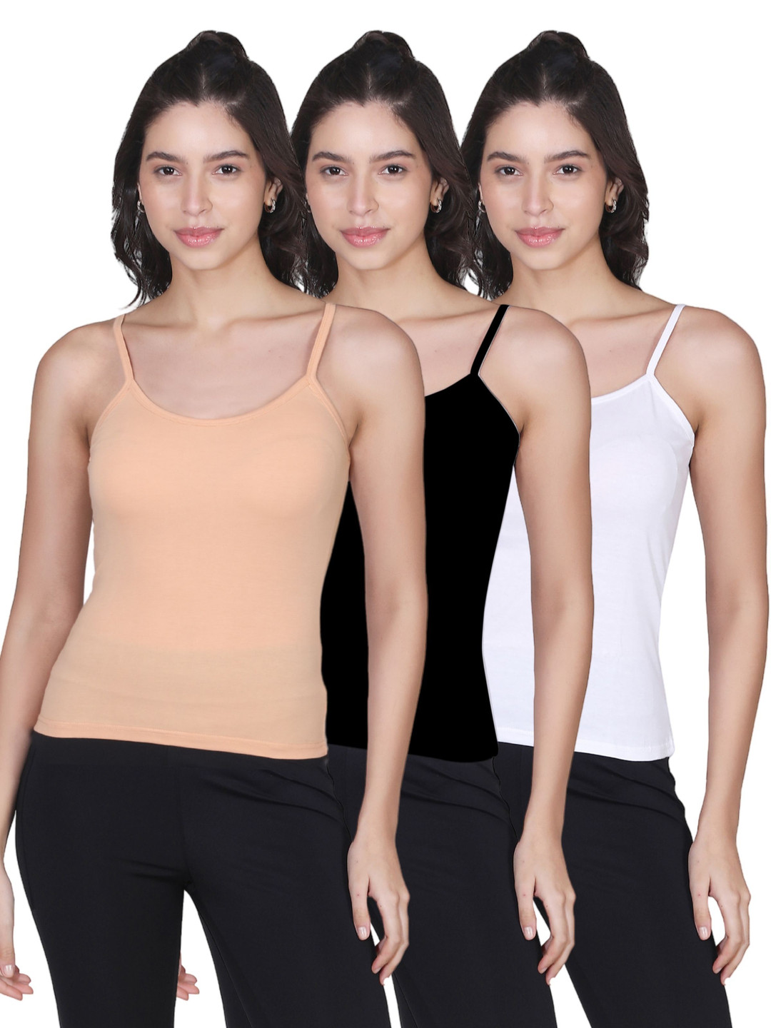 DChica Lightly Padded Cotton Camisoles for Women Pack of 3 Solid Colors Thin Strap slips