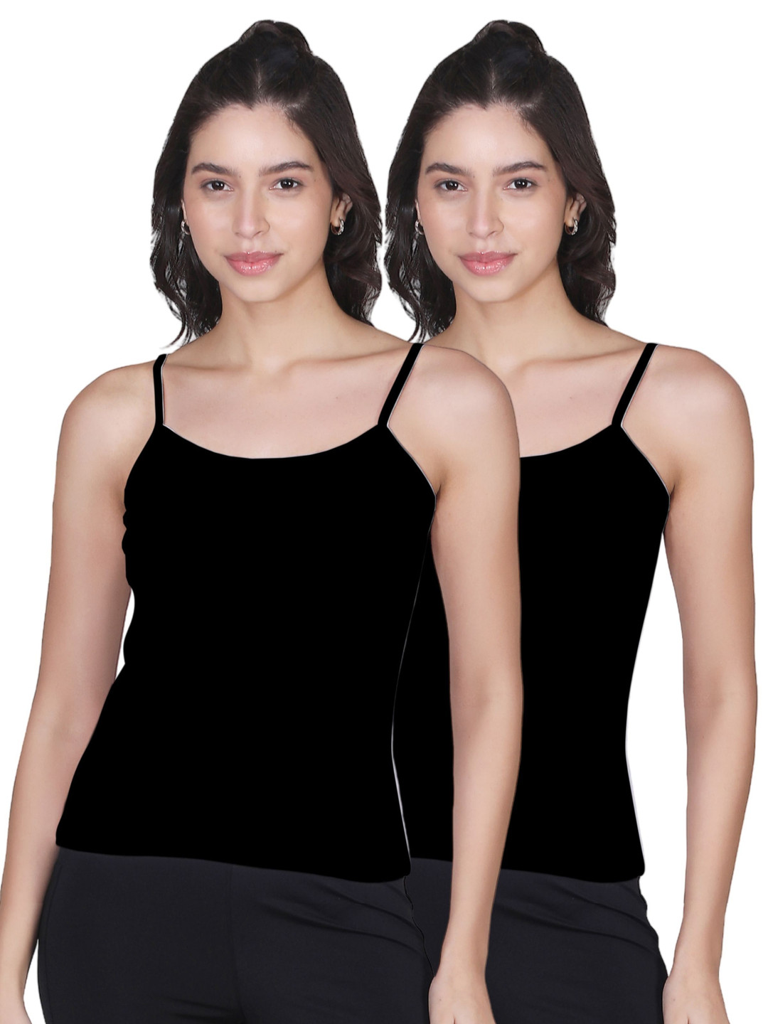 DChica Women Pack of 2 Non Padded Cotton Black Solid Thin Strap Camisoles
